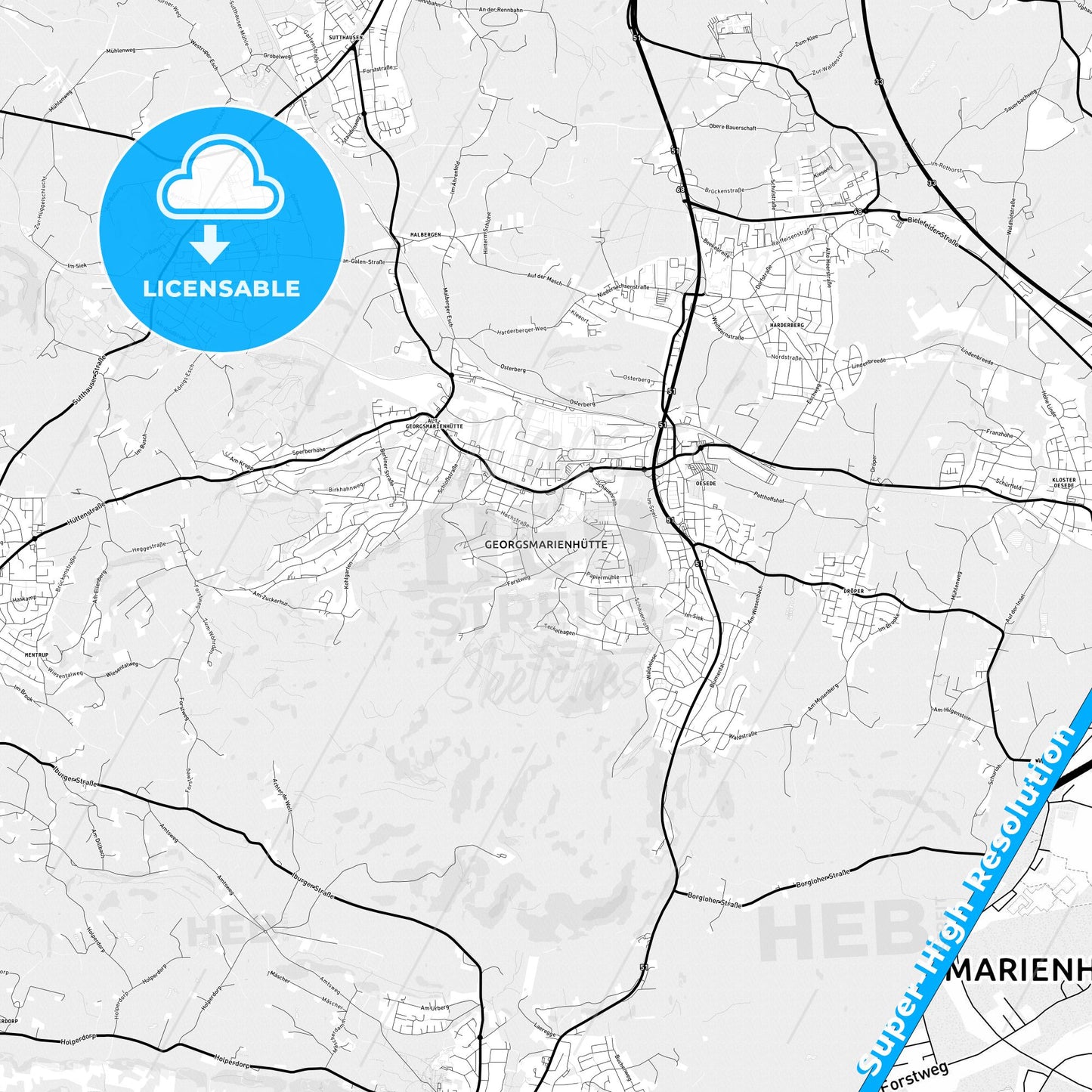 Georgsmarienhutte, Germany Light Map with Street Names, City Names, and Districts