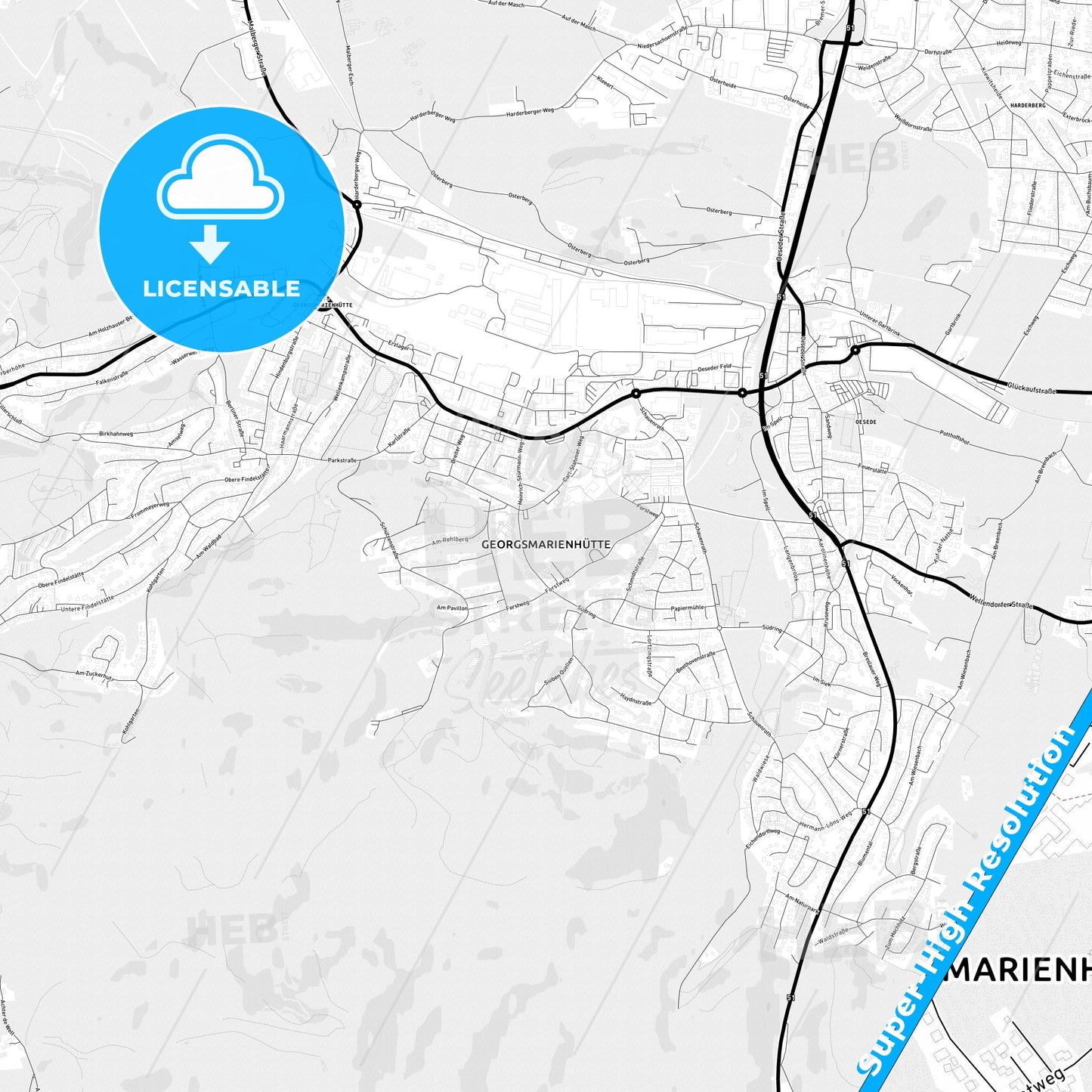 Georgsmarienhutte, Germany Light Map with Street Names, City Names, and Districts