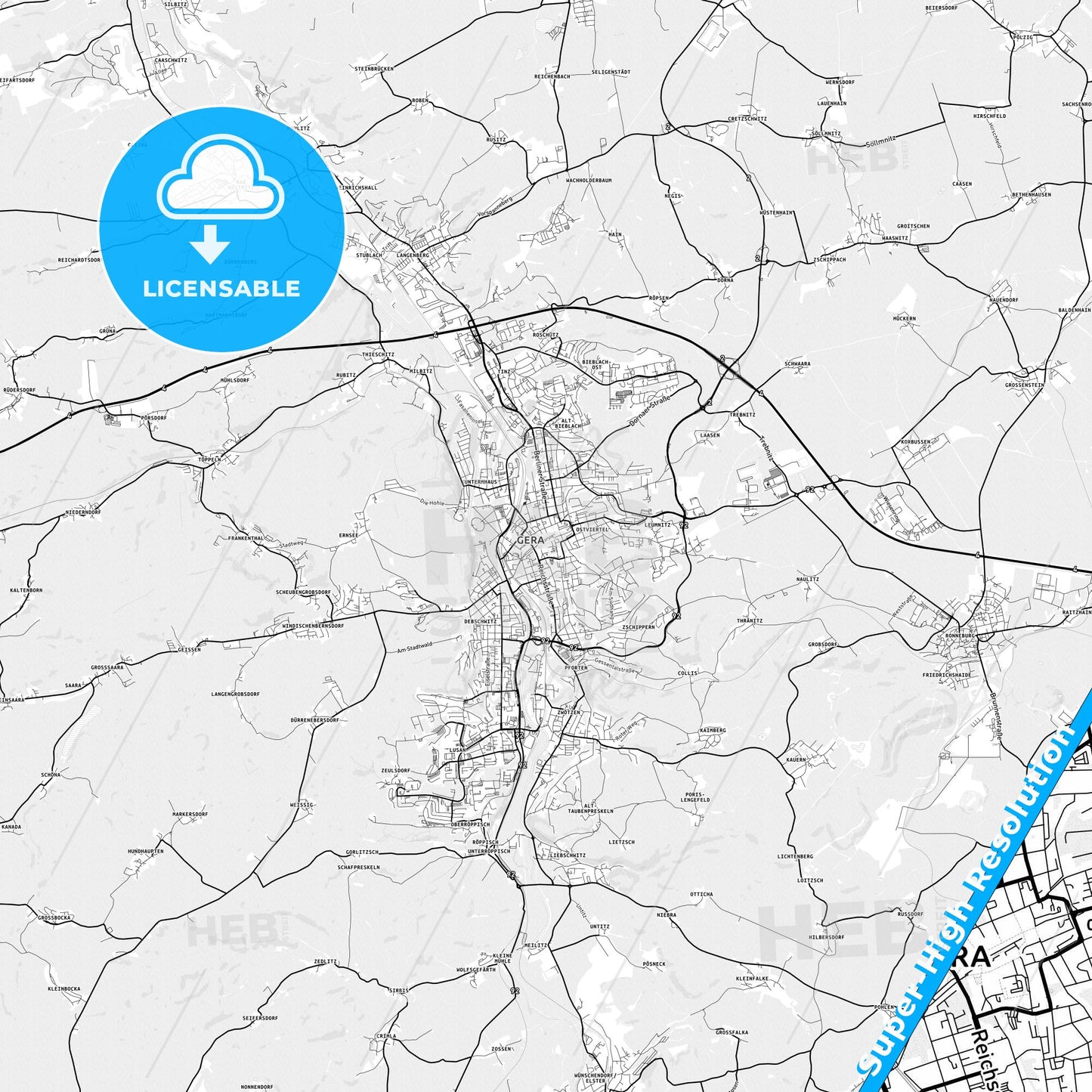 Gera, Germany light map with streetnames, citynames and districts