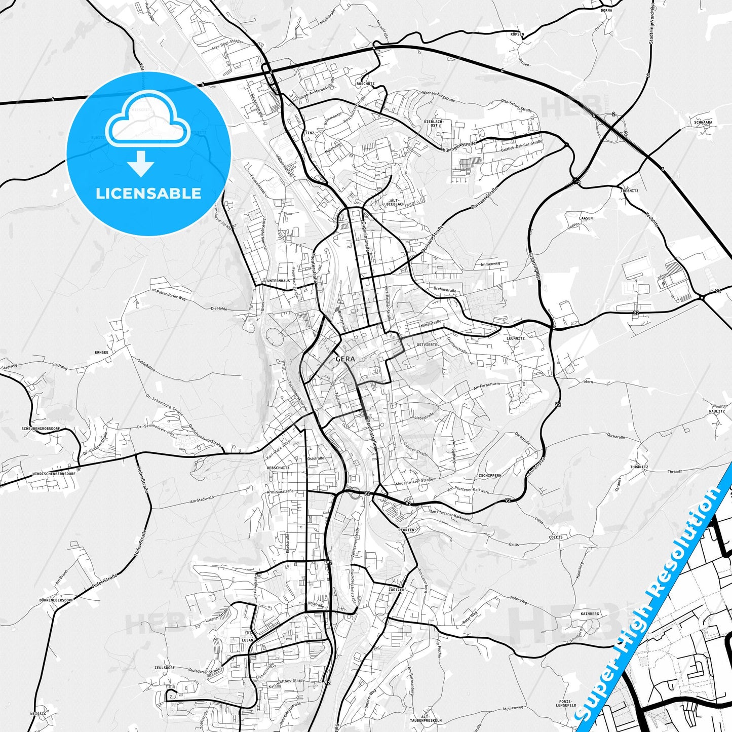 Gera, Germany Light Map with Street Names, City Names, and Districts