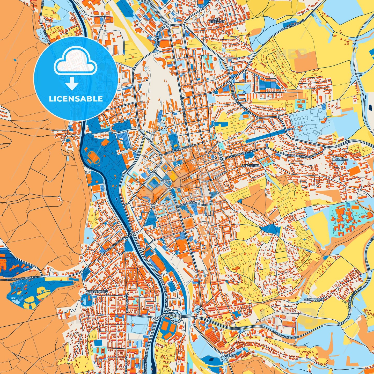 Colorful Gera Street Map with Labels and Buildings