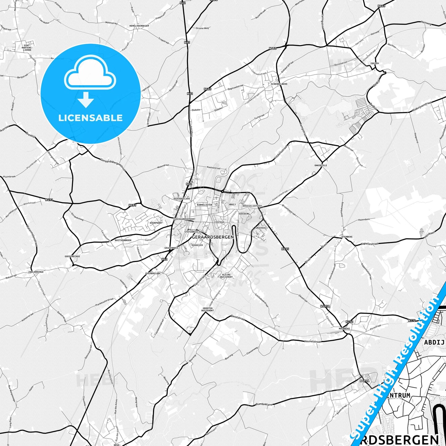 Geraardsbergen, Belgium Light Map with Street Names, City Names, and Districts