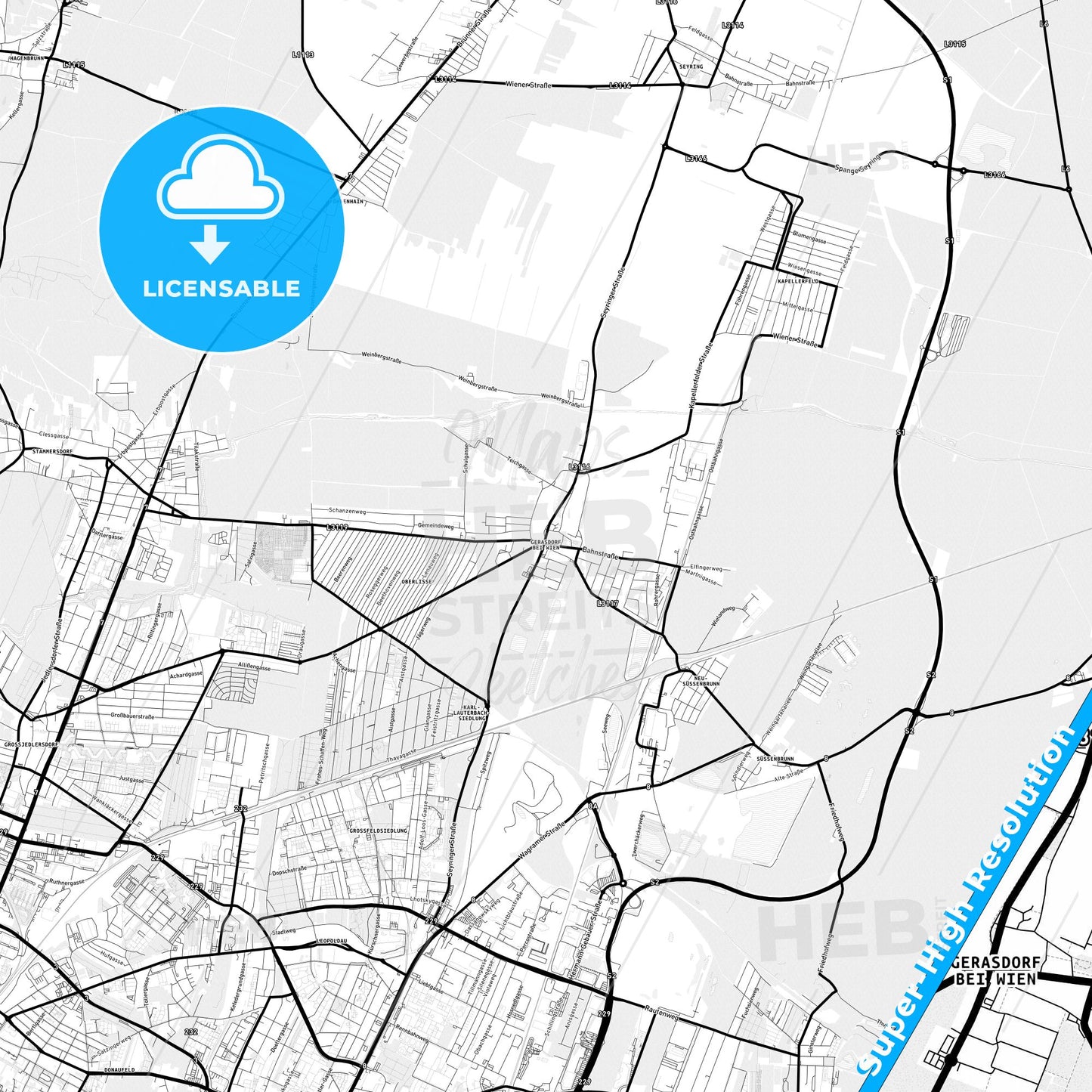 Gerasdorf bei Wien, Austria Light Map with Street Names, City Names, and Districts