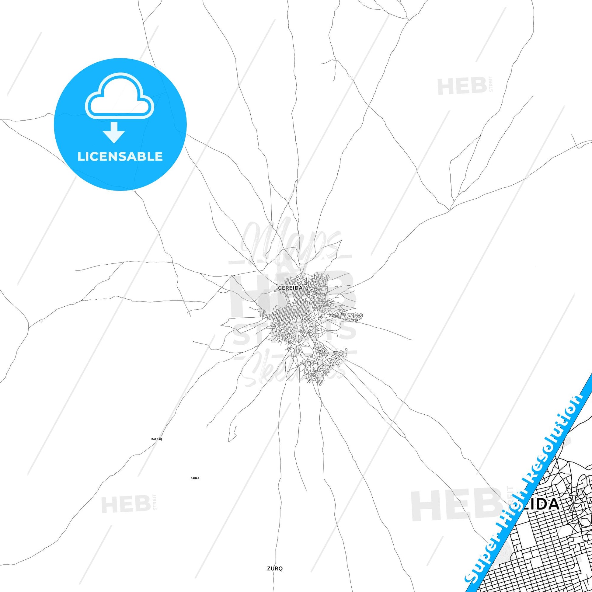 Gereida, Sudan light map with streetnames, citynames and districts