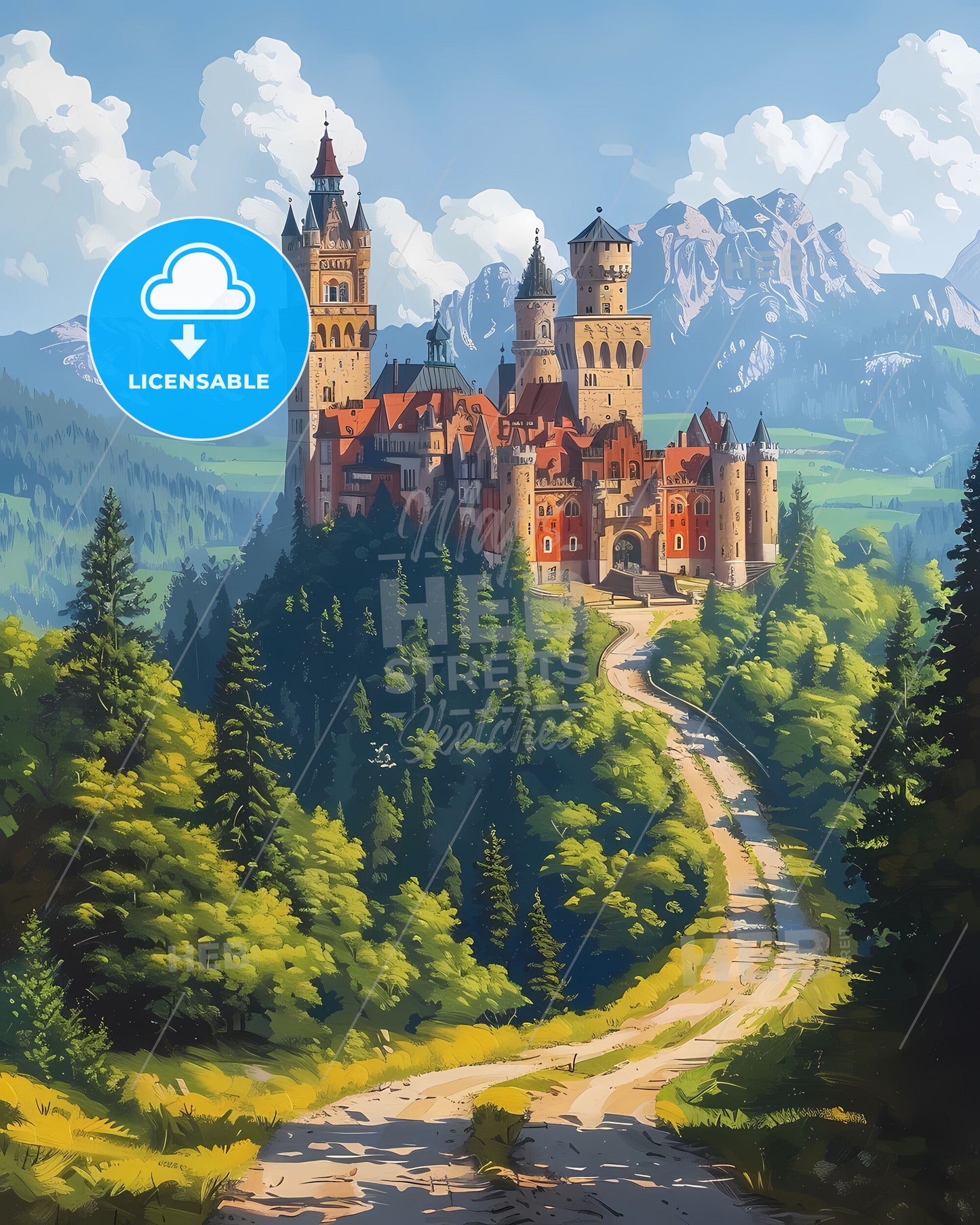 Artful Castle Landscape Painting: Vibrant Depiction of a Castle on a Hilltop Amidst Nature