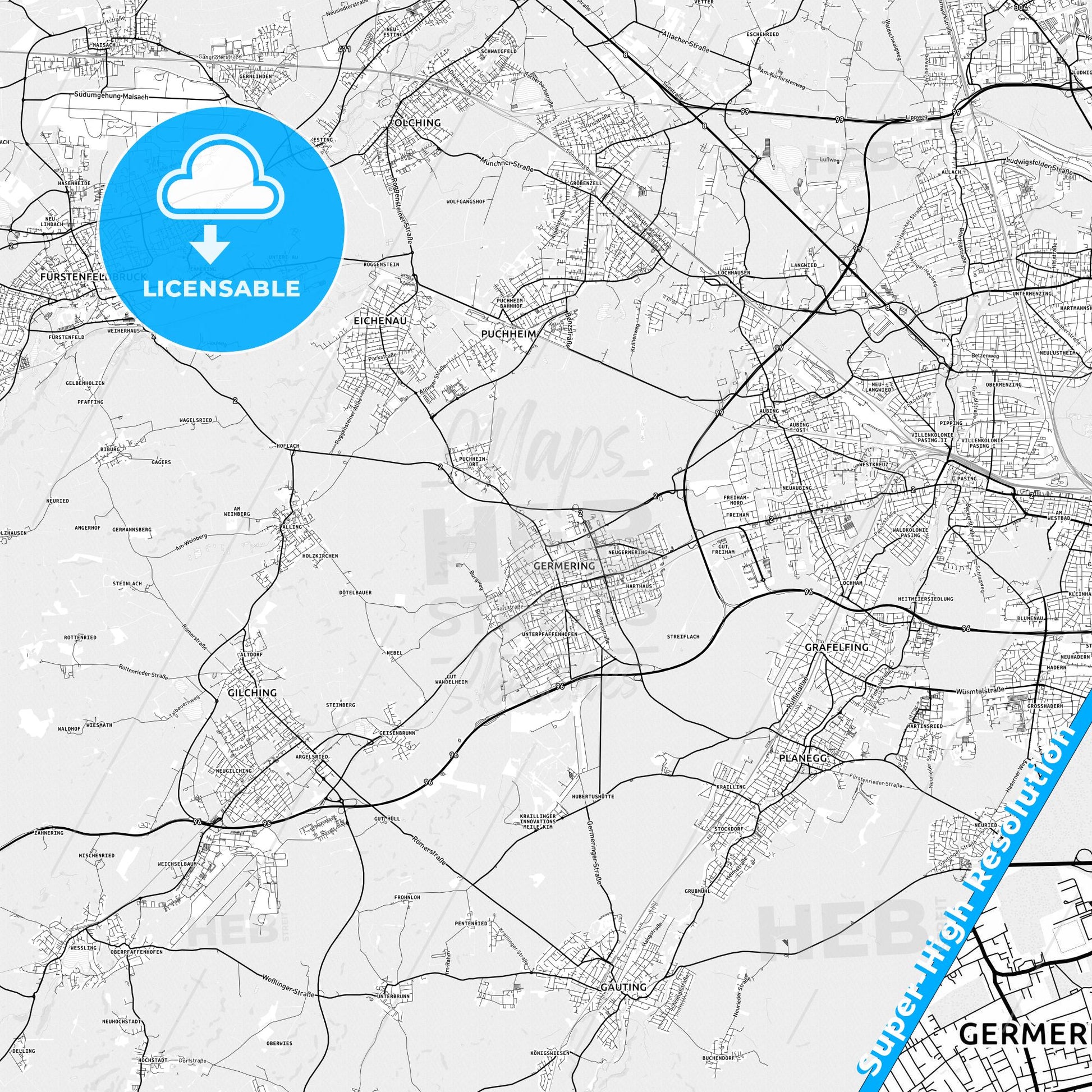Germering, Germany light map with streetnames, citynames and districts