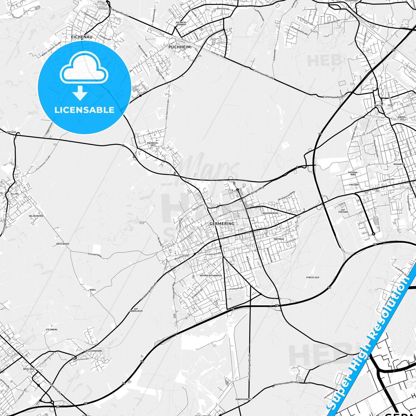 Germering, Germany Light Map with Street Names, City Names, and Districts