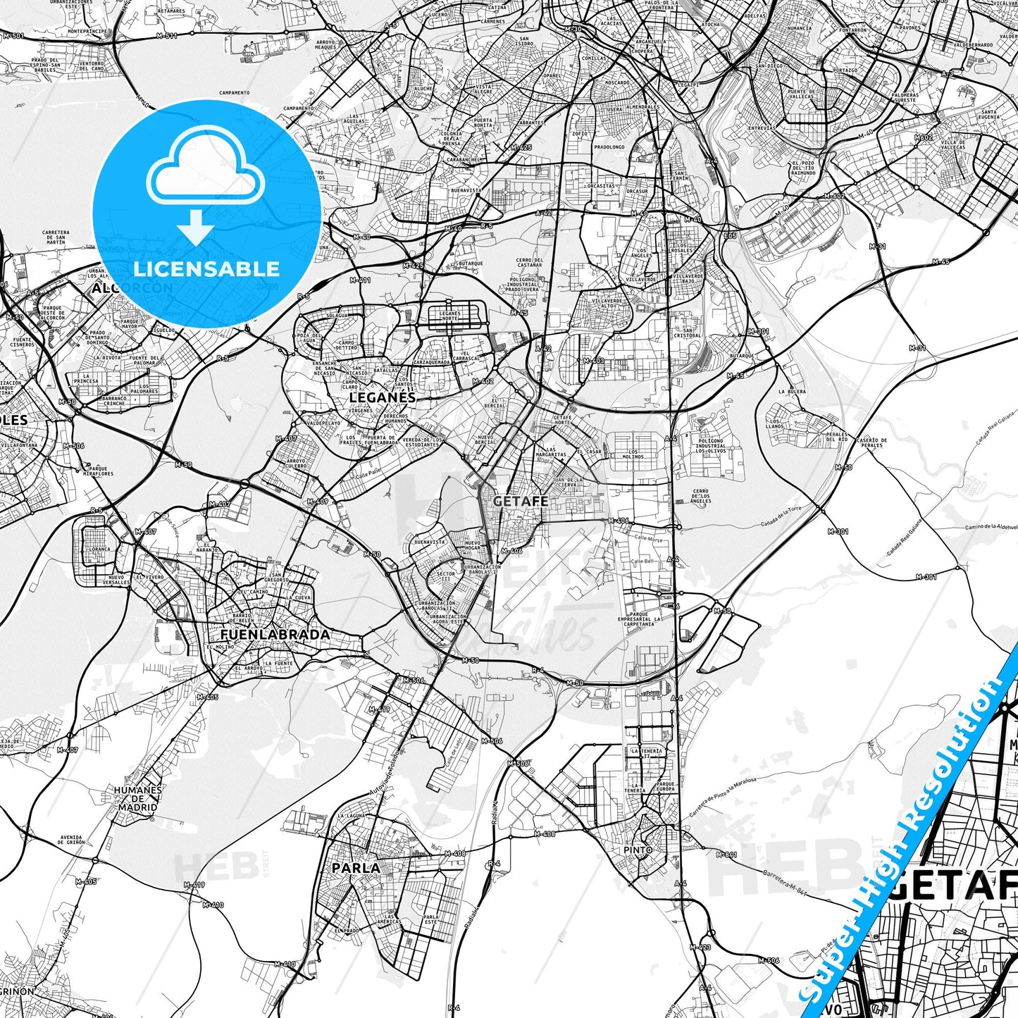 Getafe, Spain light map with streetnames, citynames and districts