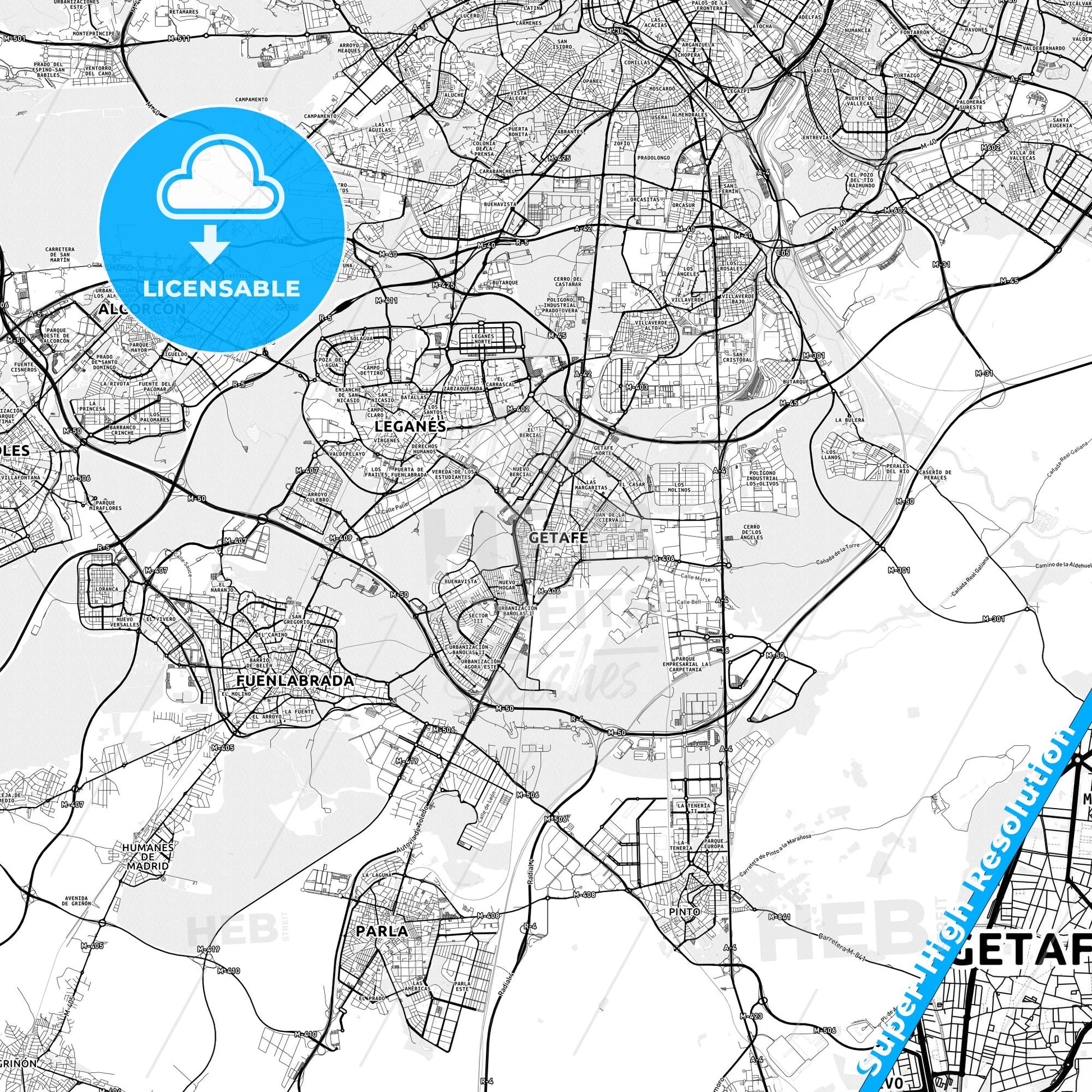 Getafe, Spain light map with streetnames, citynames and districts