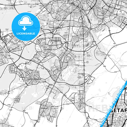 Getafe, Spain light map with streetnames, citynames and districts
