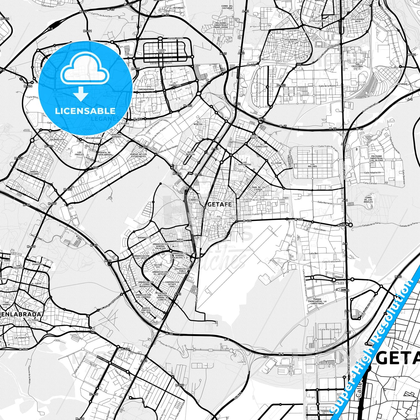 Getafe, Spain Light Map with Street Names, City Names, and Districts