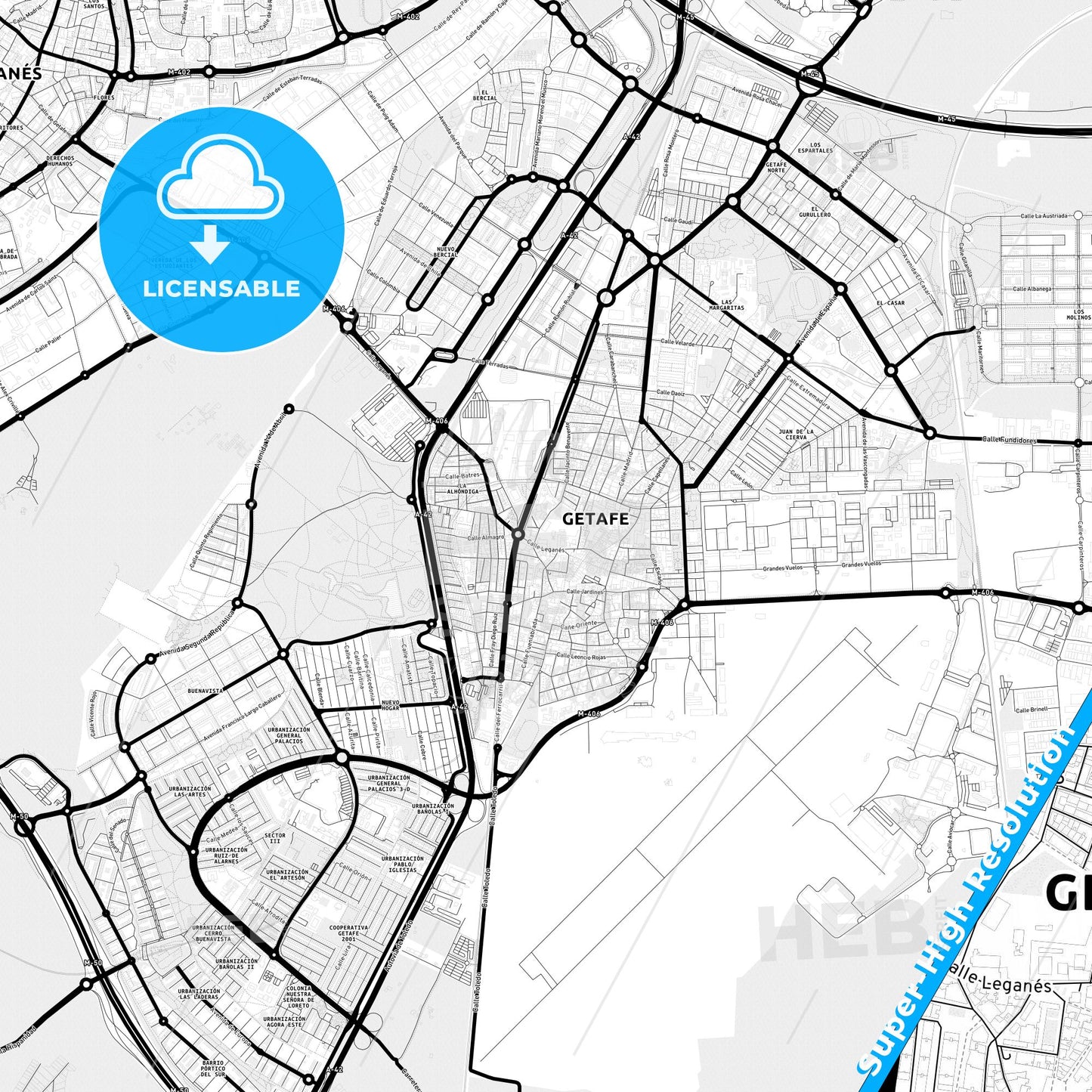 Getafe, Spain Light Map with Street Names, City Names, and Districts