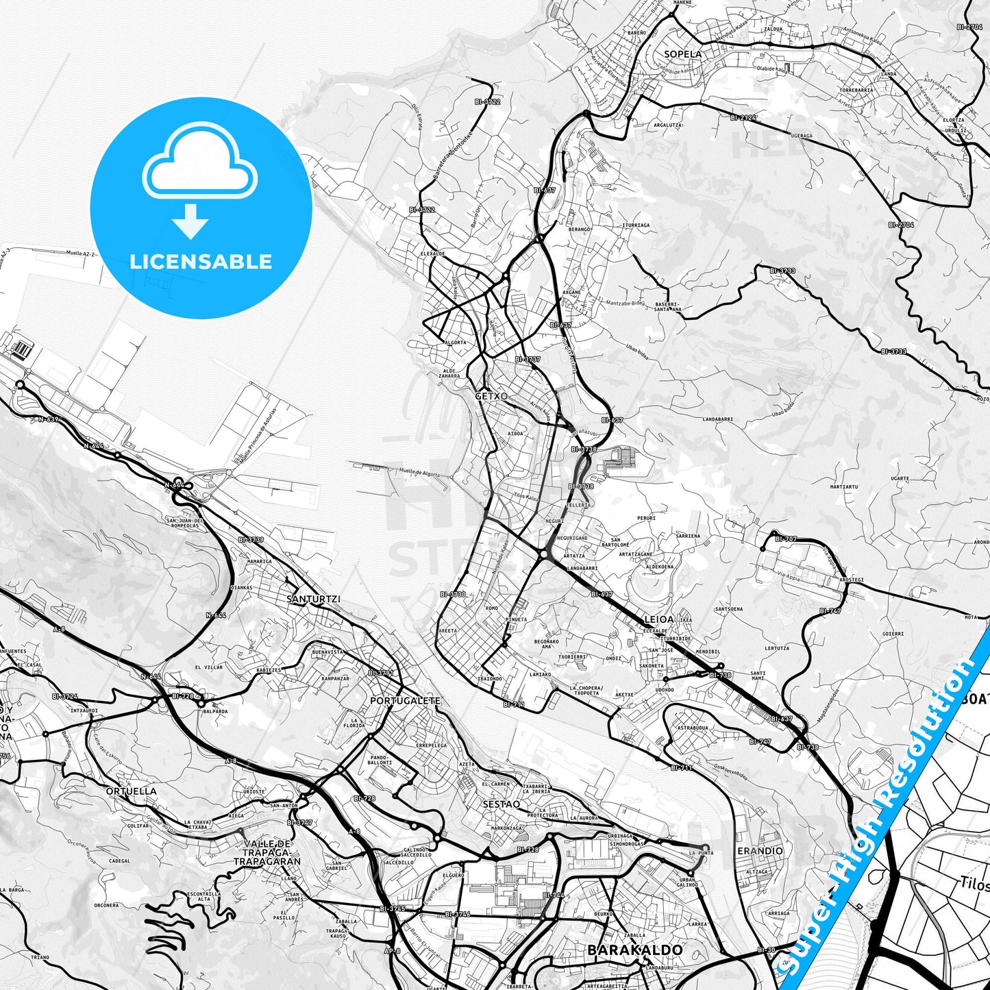 Getxo, Spain Light Map with Street Names, City Names, and Districts