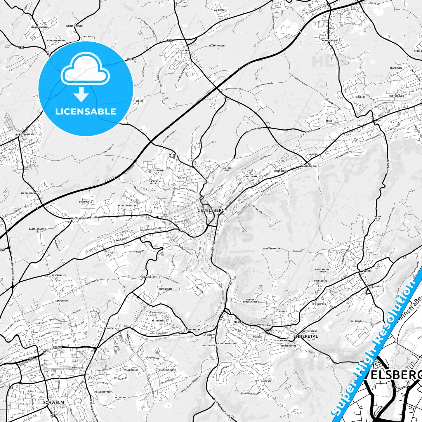 Gevelsberg, Germany Light Map with Street Names, City Names, and Districts