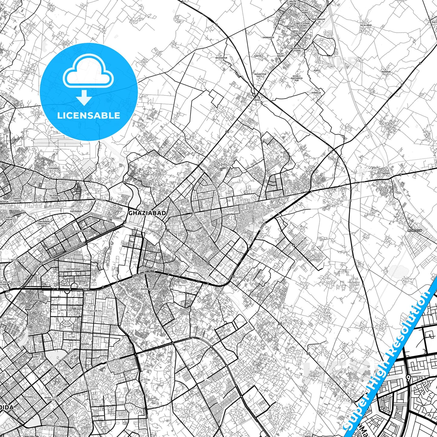 Ghaziabad, India light map with streetnames, citynames and districts