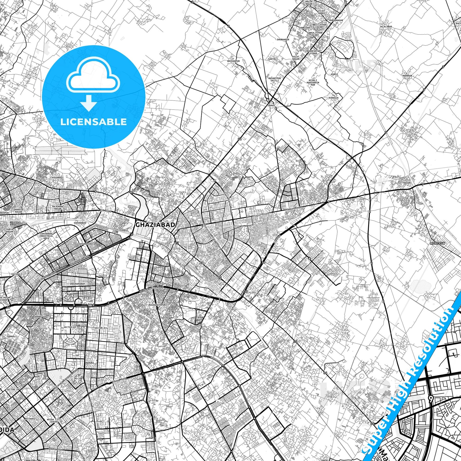 Ghaziabad, India light map with streetnames, citynames and districts