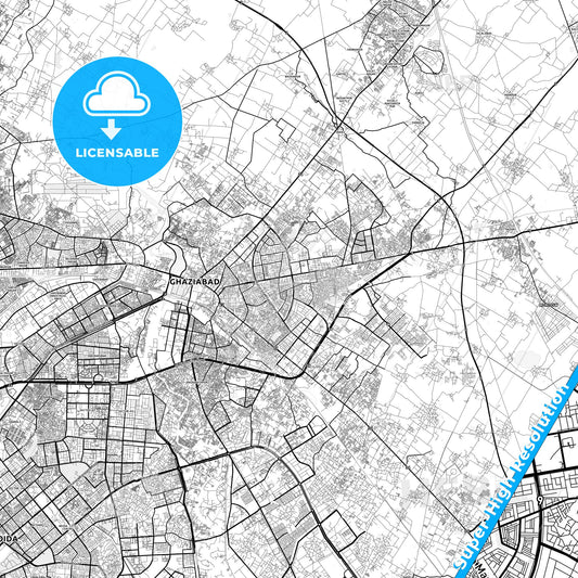 Ghaziabad, India light map with streetnames, citynames and districts