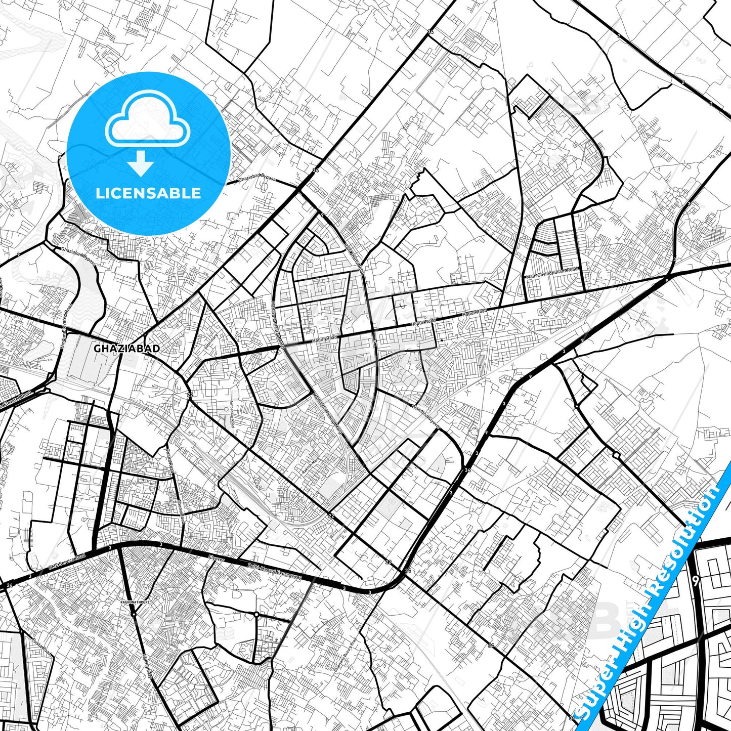 Ghaziabad, India Light Map with Street Names, City Names, and Districts