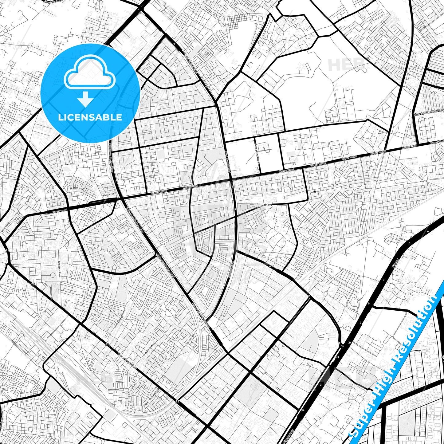 Ghaziabad, India Light Map with Street Names, City Names, and Districts