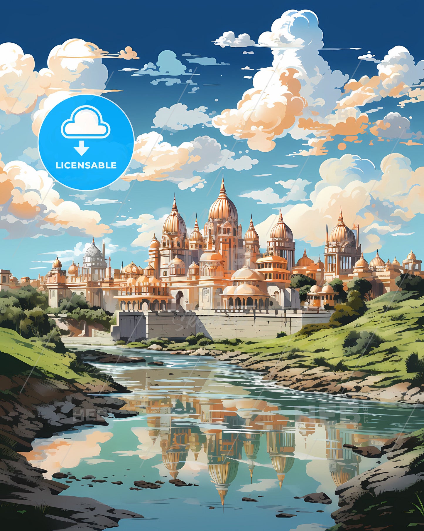 Ghaziabad City Skyline India Canvas Painting Art Blue Sky Castle River