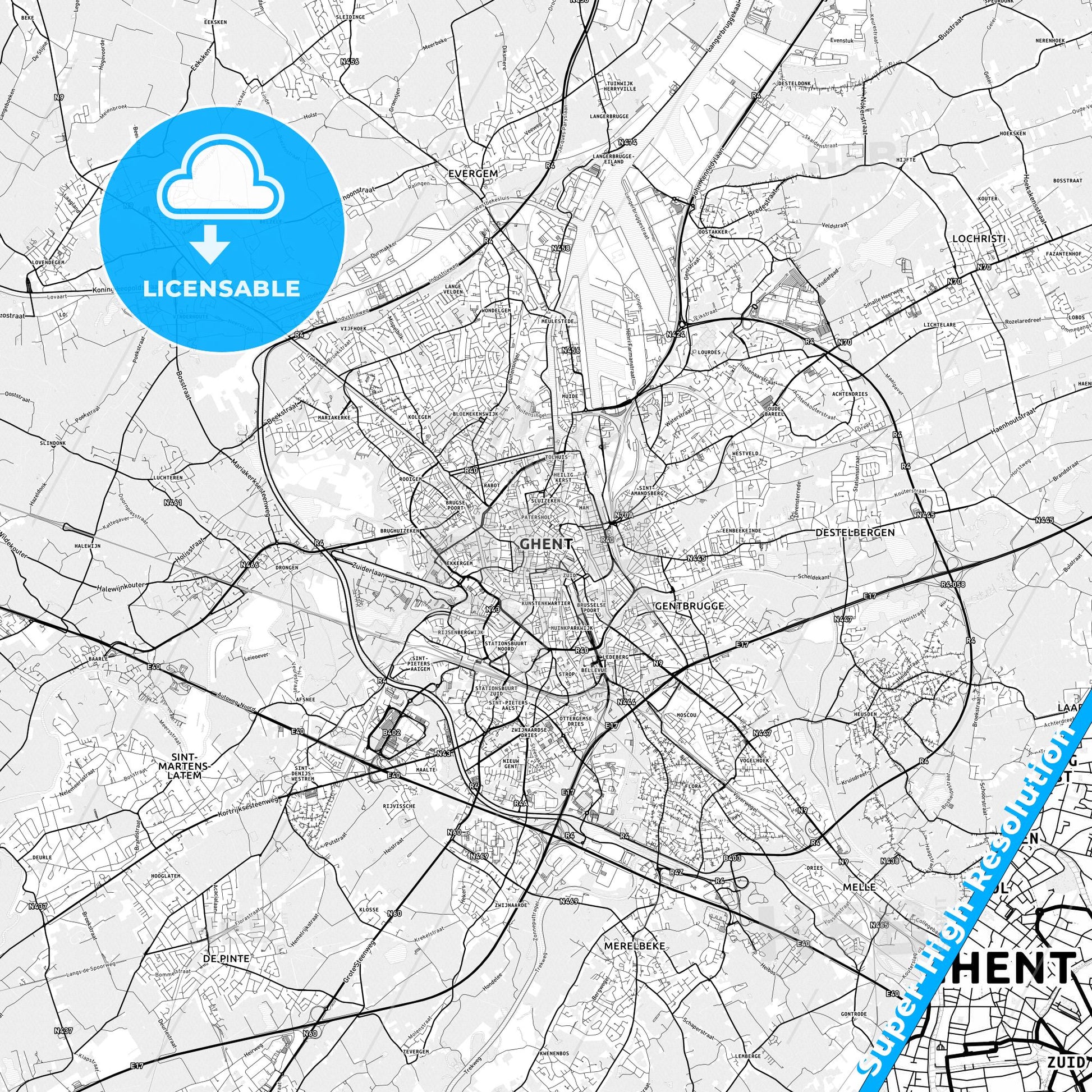Ghent, Belgium light map with streetnames, citynames and districts