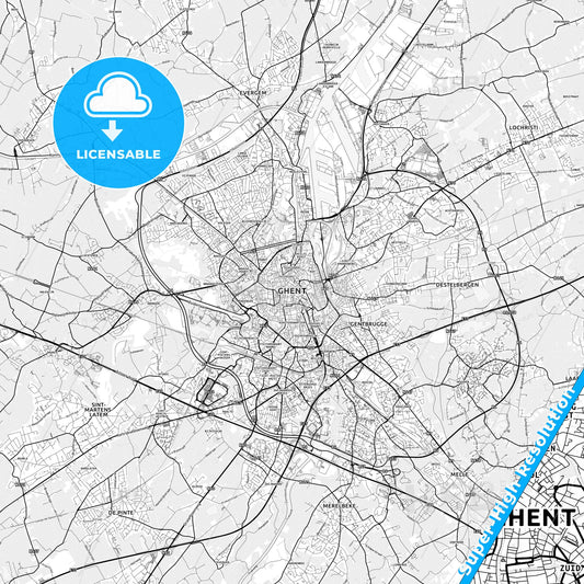 Ghent, Belgium light map with streetnames, citynames and districts