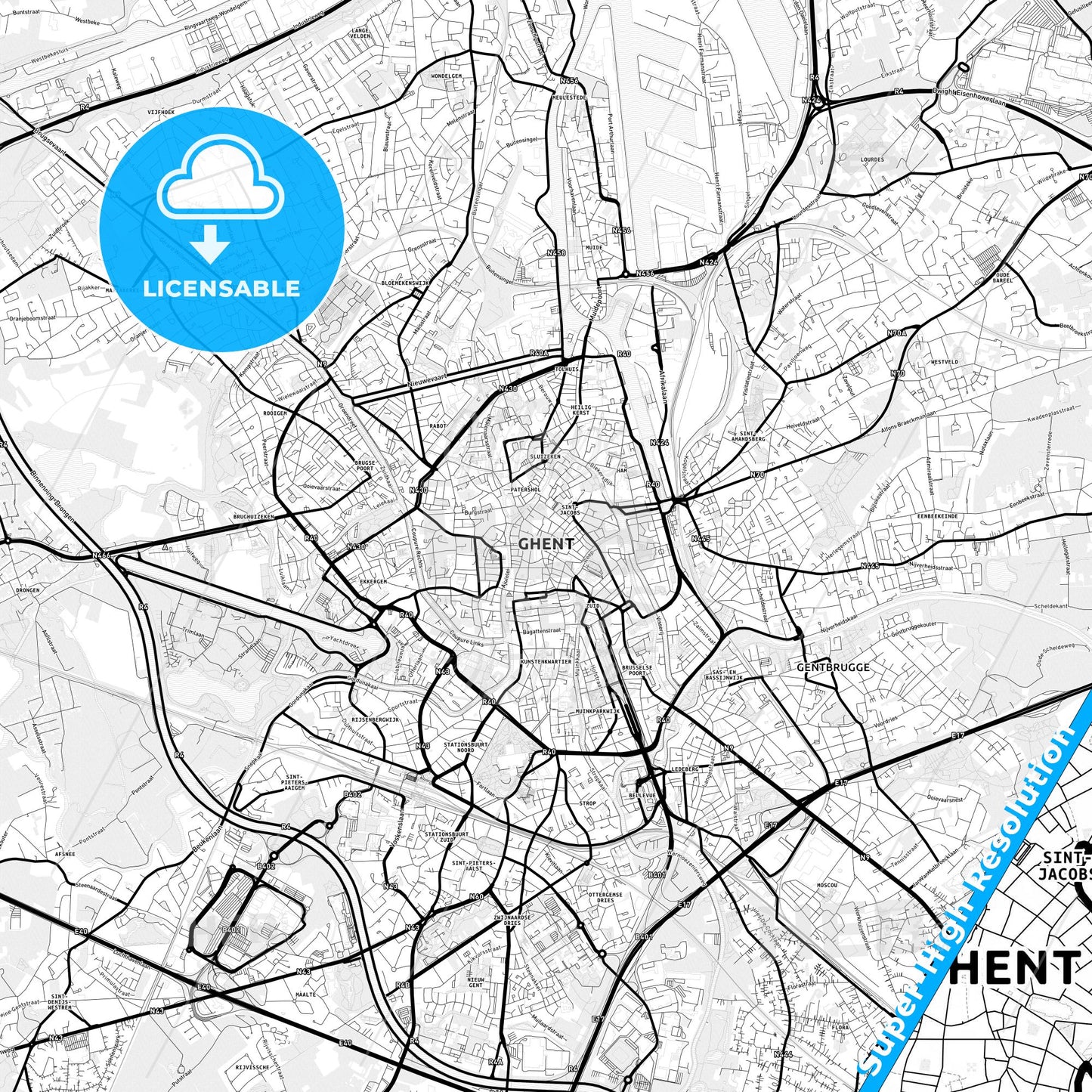 Ghent, Belgium Light Map with Street Names, City Names, and Districts