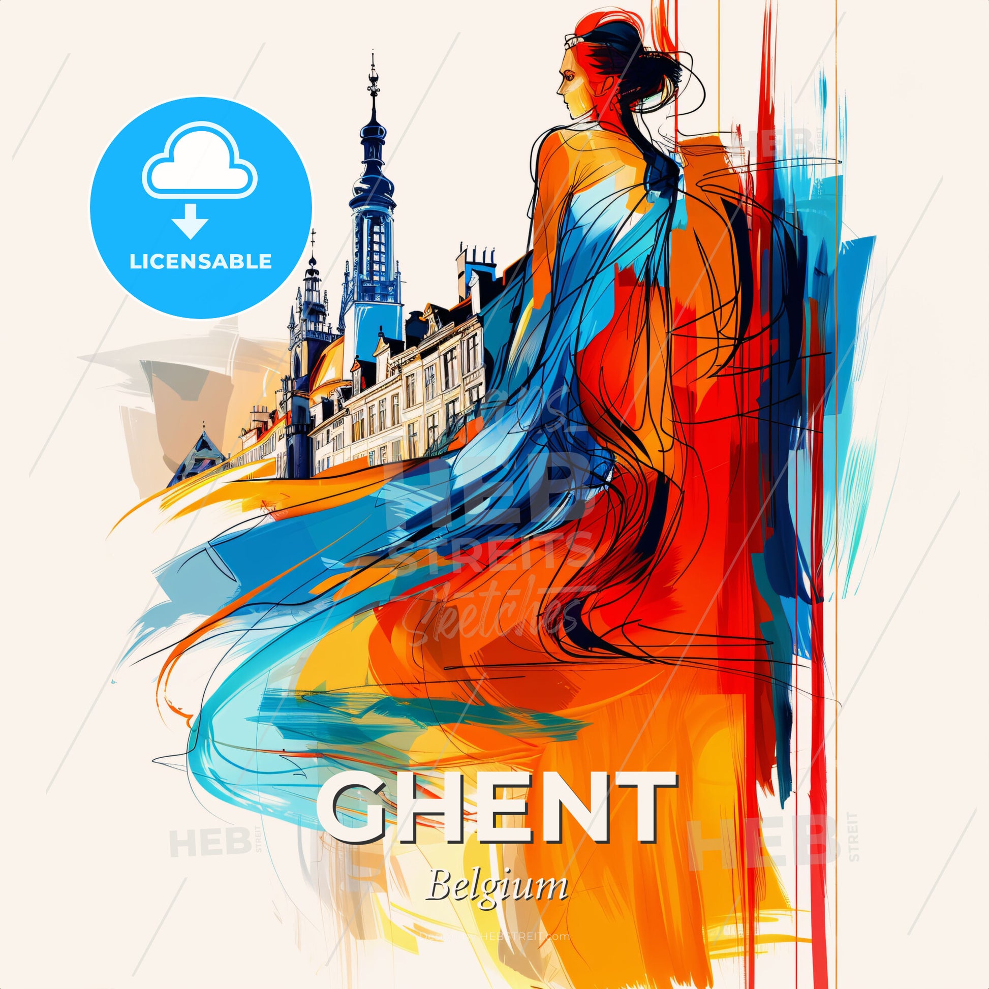 Vibrant Ghent , Belgium - A Woman In A Long Dress - Square format print template