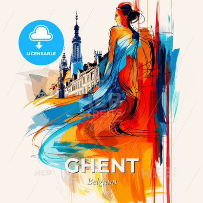 Vibrant Ghent , Belgium - A Woman In A Long Dress - Square format print template
