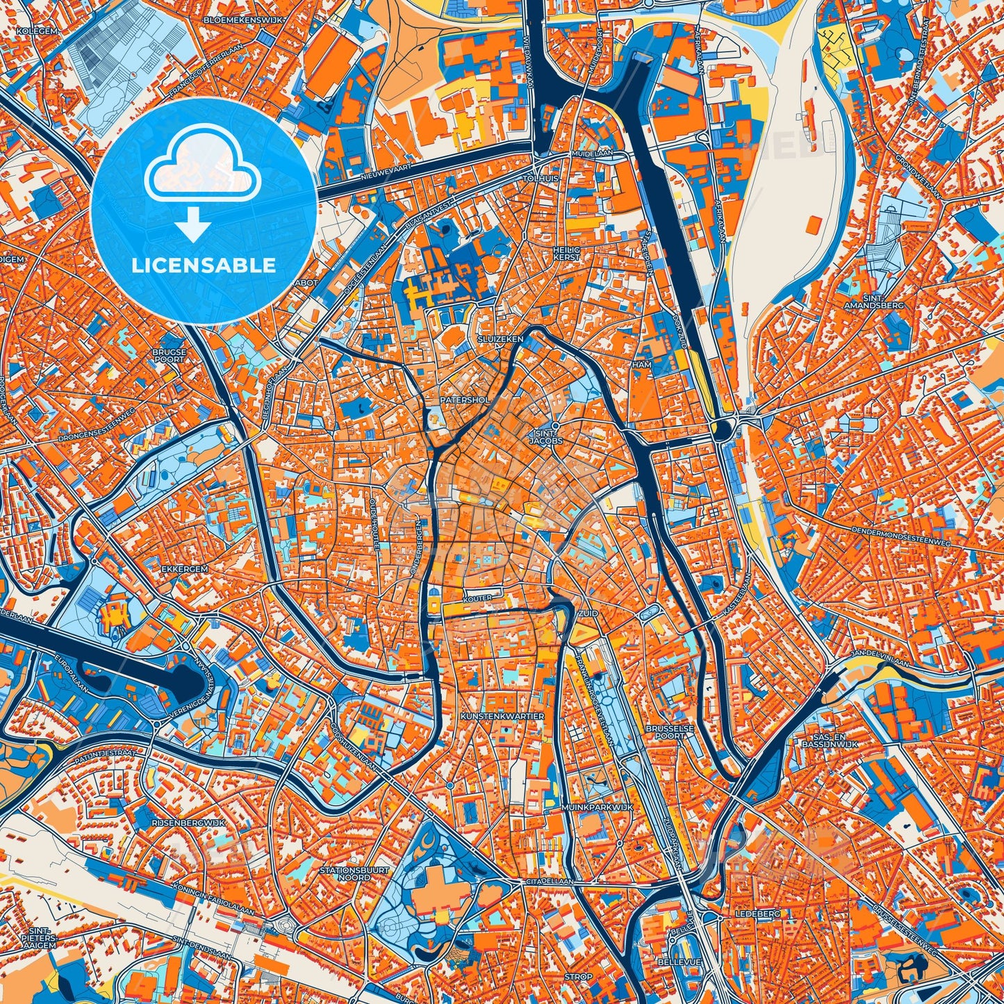 Colorful Ghent Street Map with Labels and Buildings