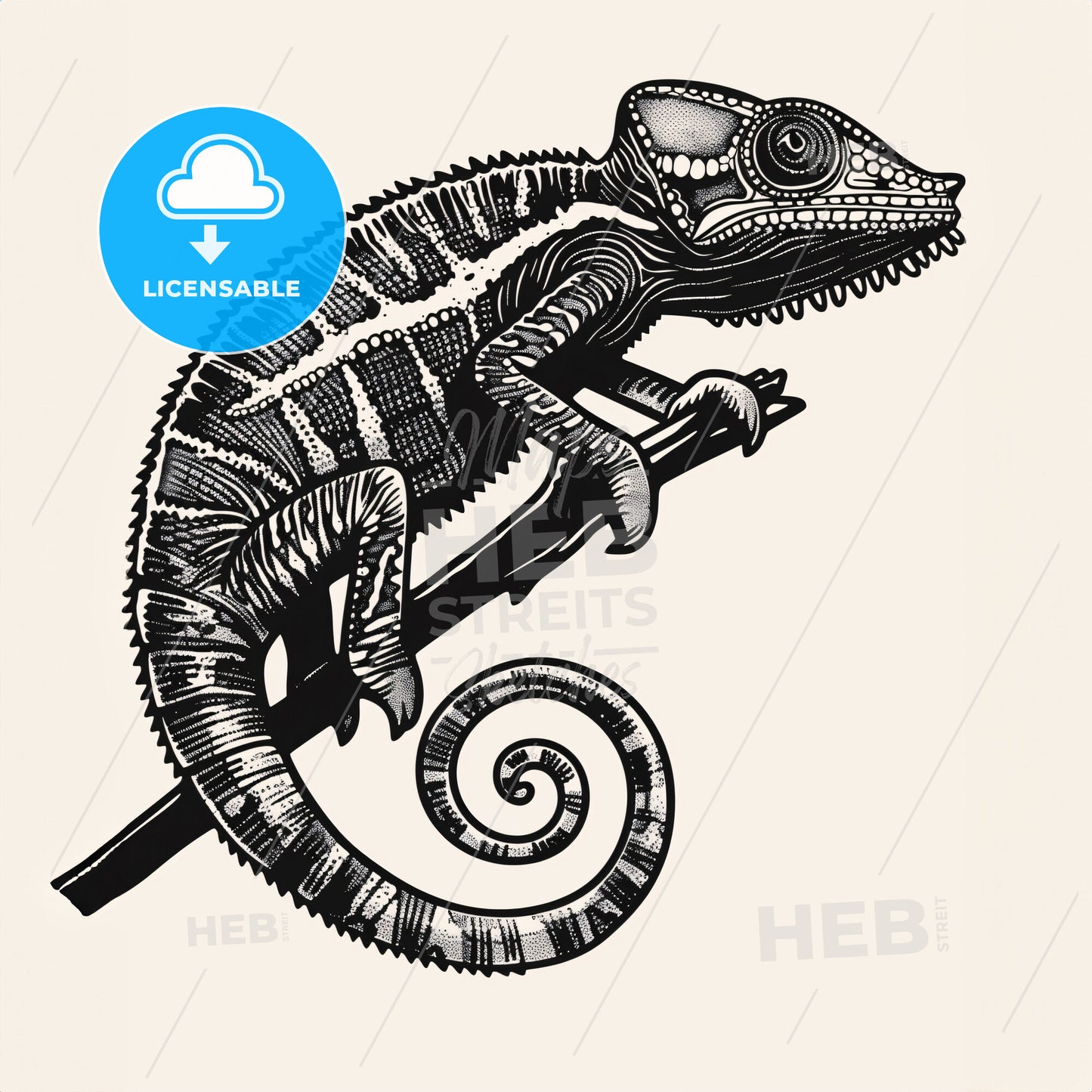 Giant Chameleon - A Black And White Drawing Of A Lizard On A Branch