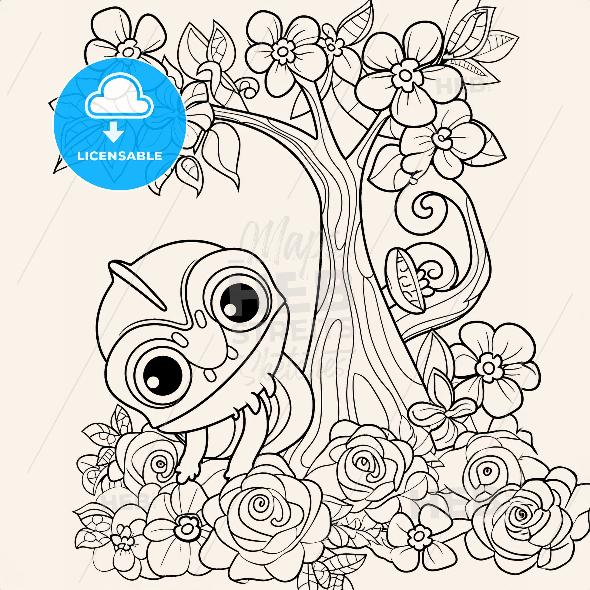 Giant Chameleon - A Coloring Page Of A Chameleon And Flowers