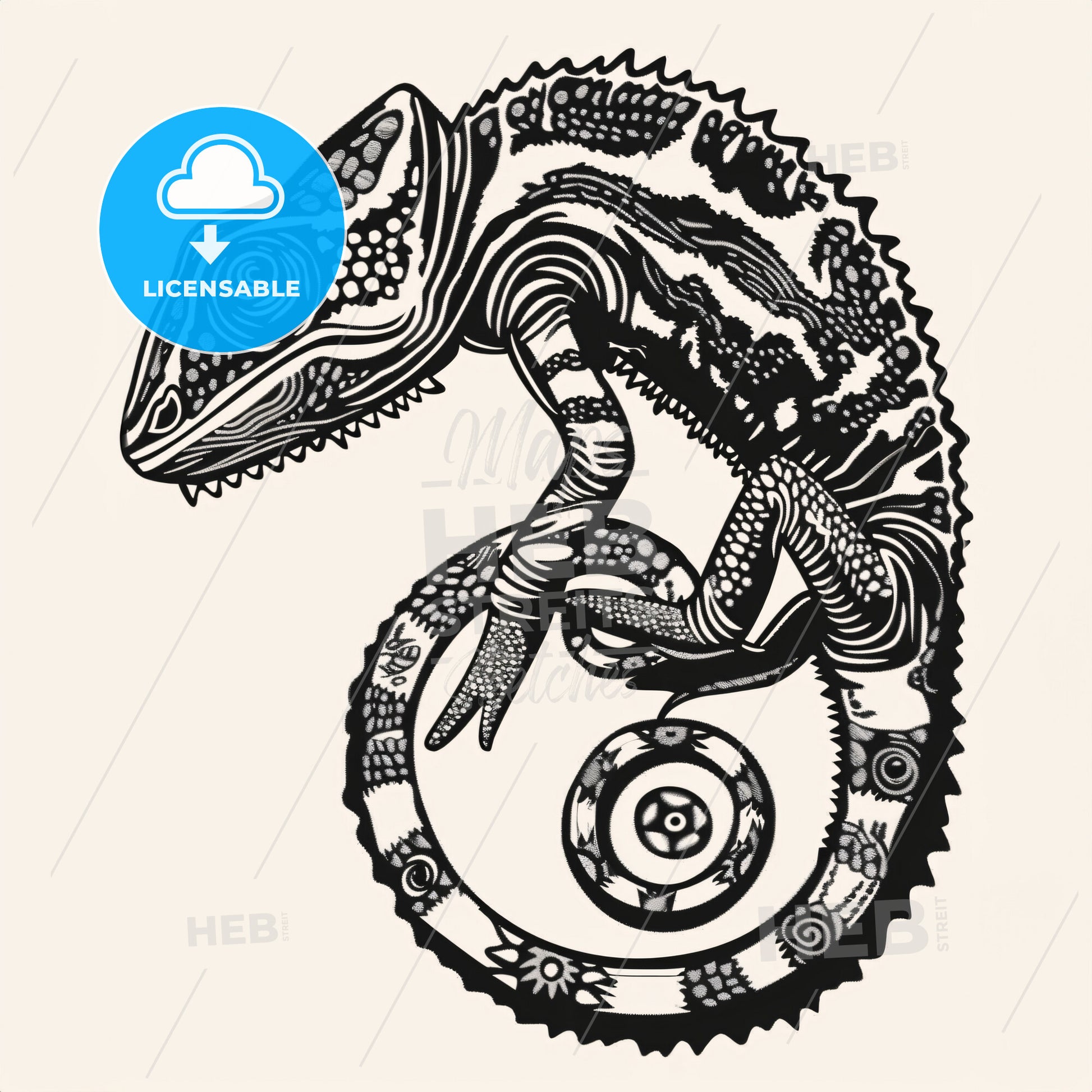 Giant Chameleon - A Black And White Drawing Of A Lizard