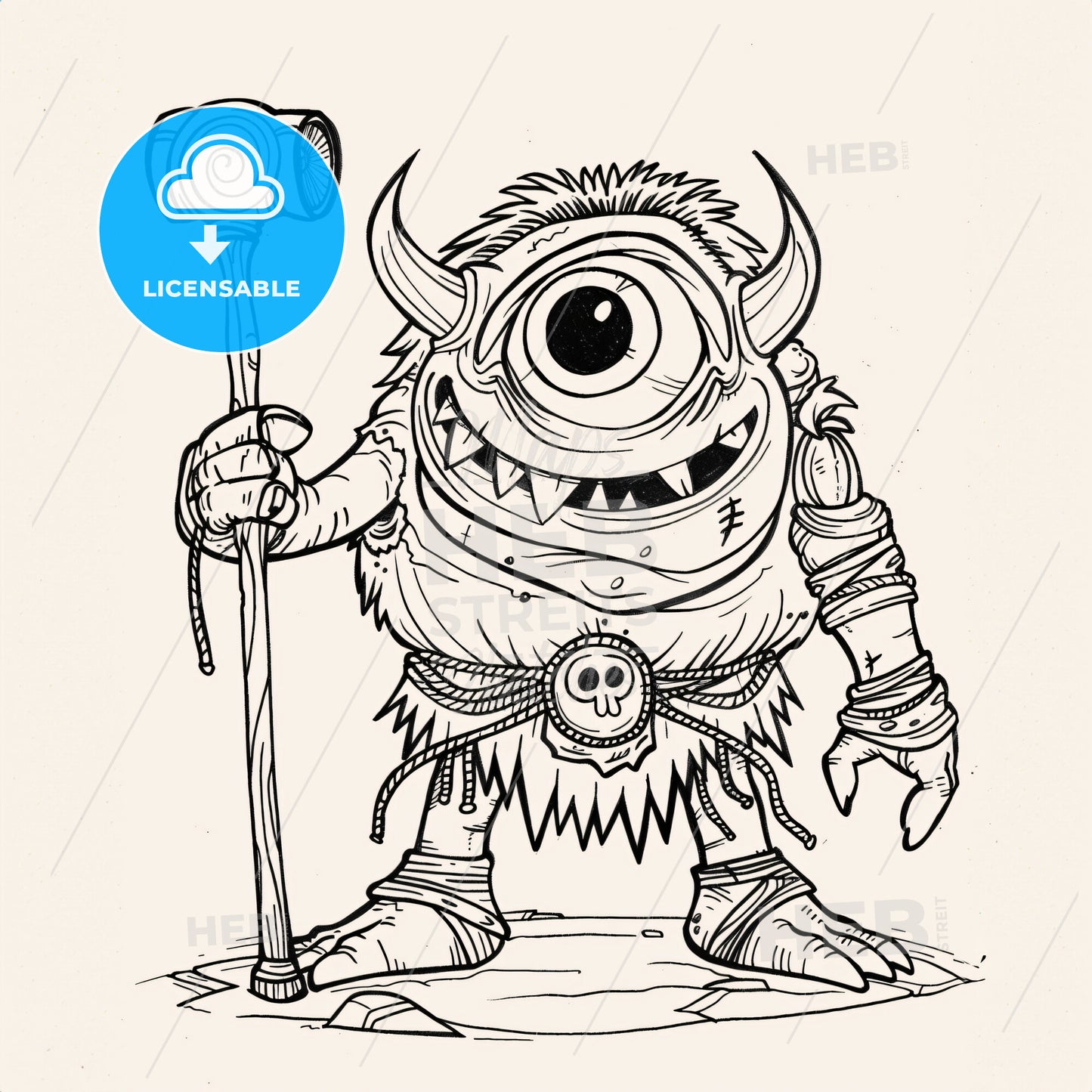 Giant Oneeyed Cyclop With Club In One Hand - A Black And White Drawing Of A Cartoon Monster