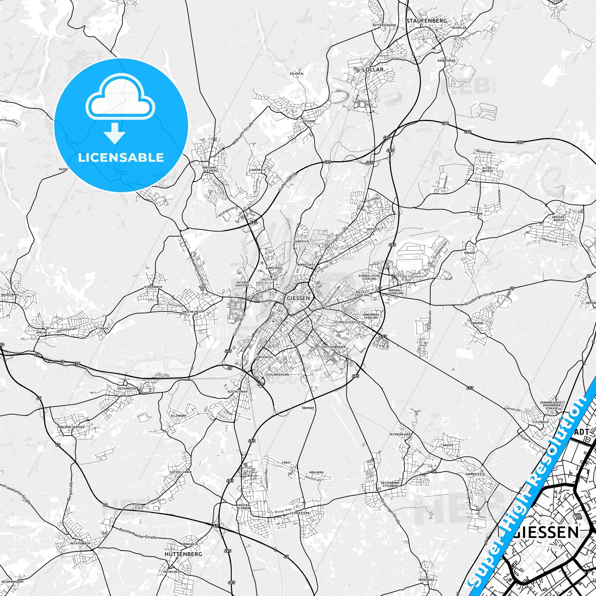 Gießen, Germany light map with streetnames, citynames and districts