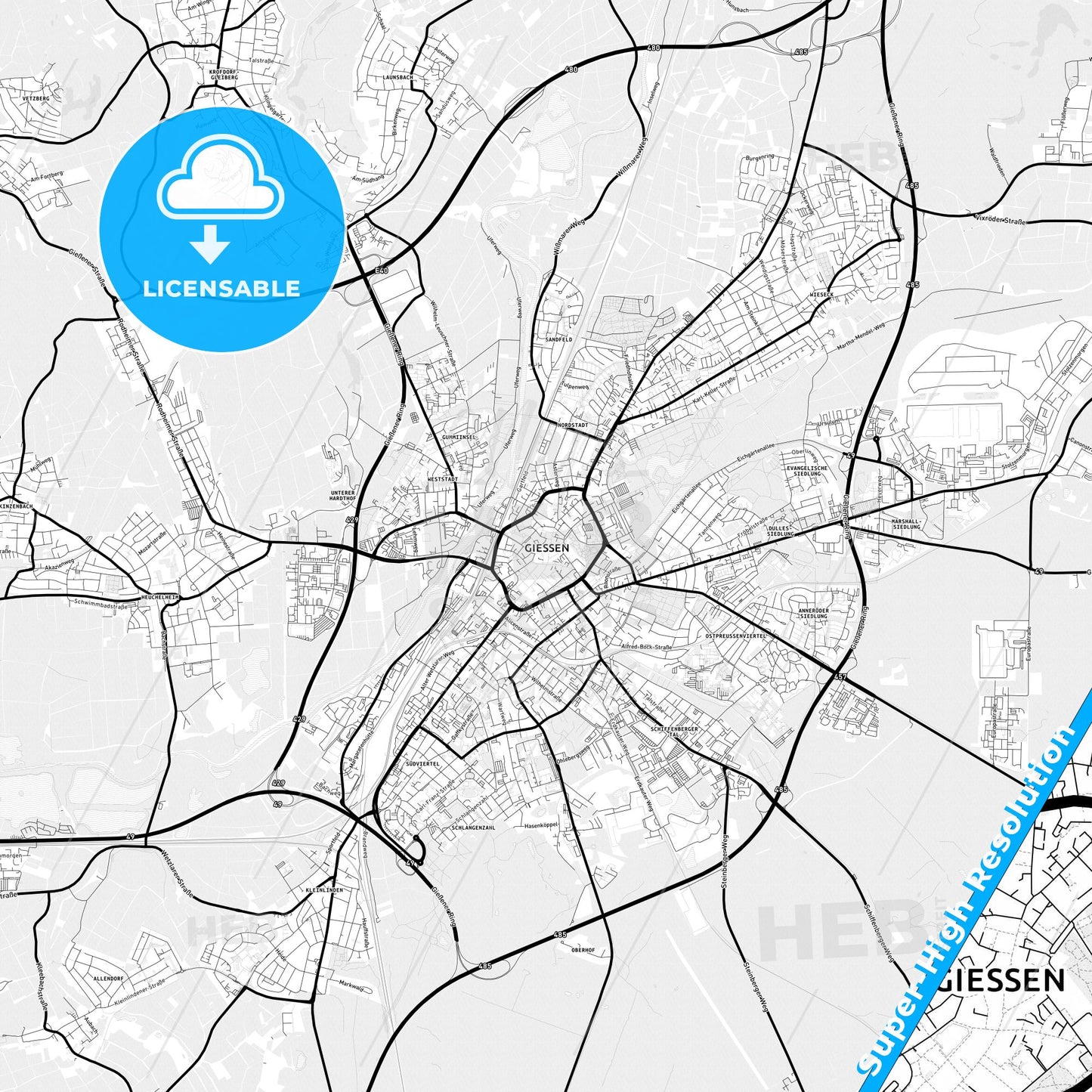 Gießen, Germany Light Map with Street Names, City Names, and Districts