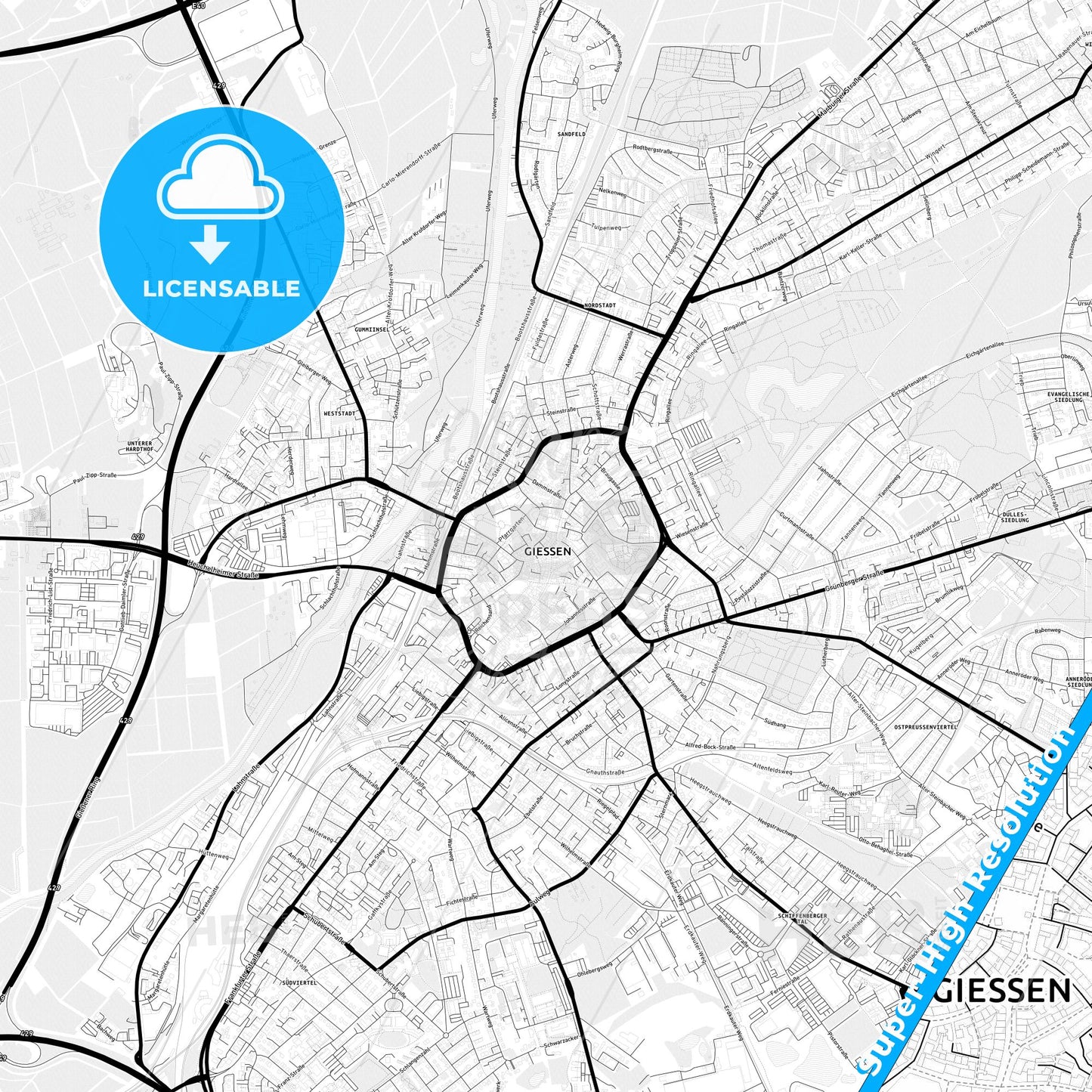 Gießen, Germany Light Map with Street Names, City Names, and Districts