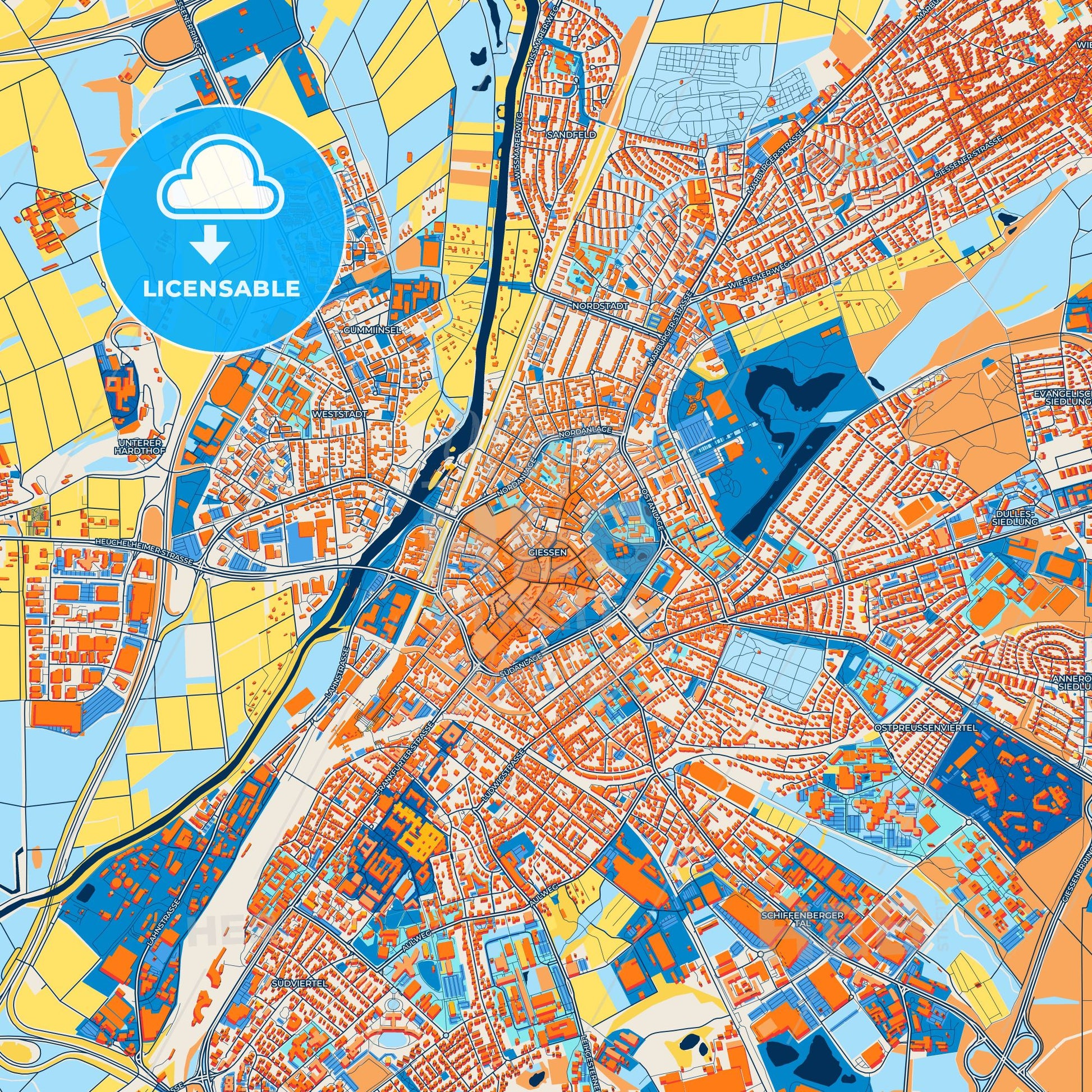 Colorful Gießen Street Map with Labels and Buildings