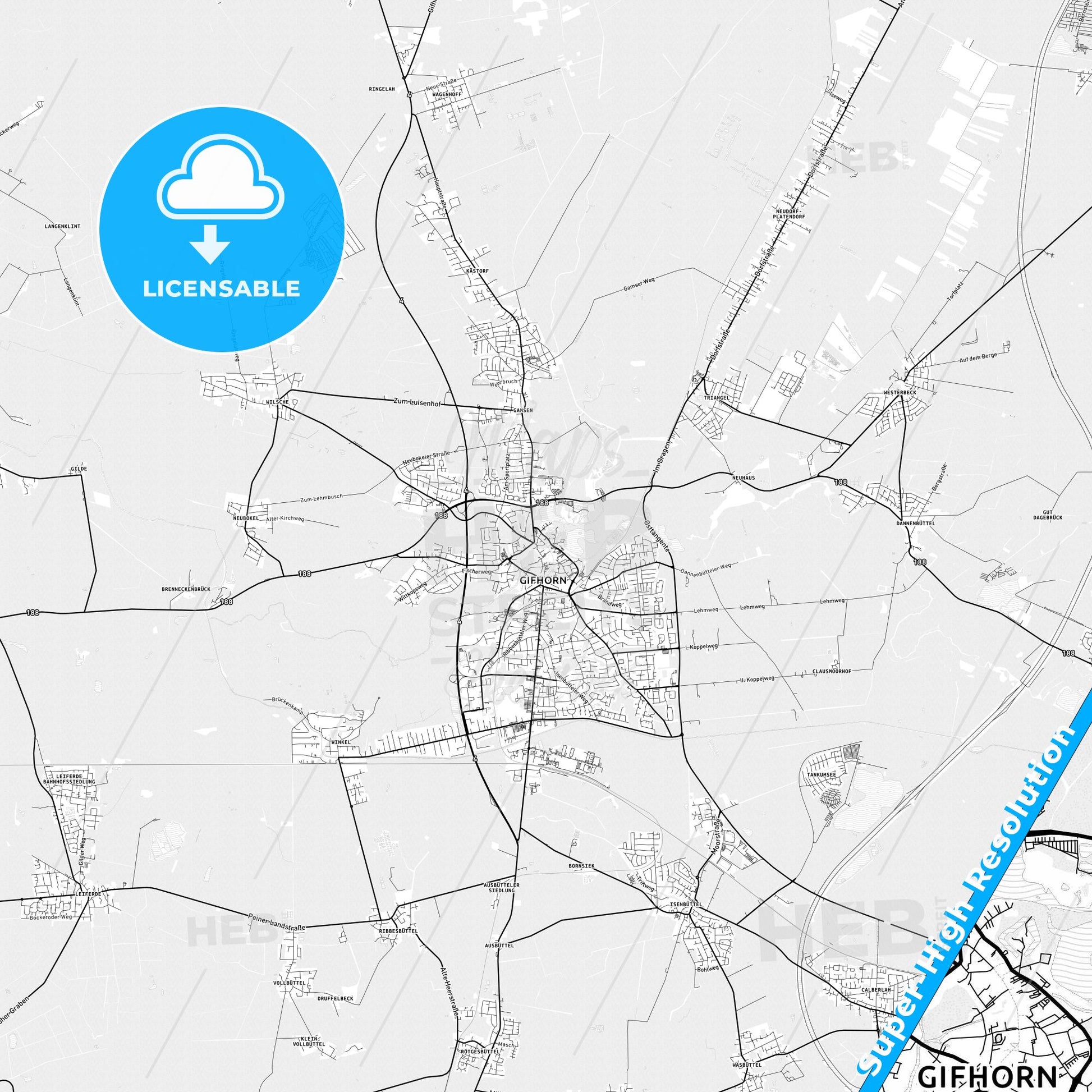Gifhorn, Germany light map with streetnames, citynames and districts