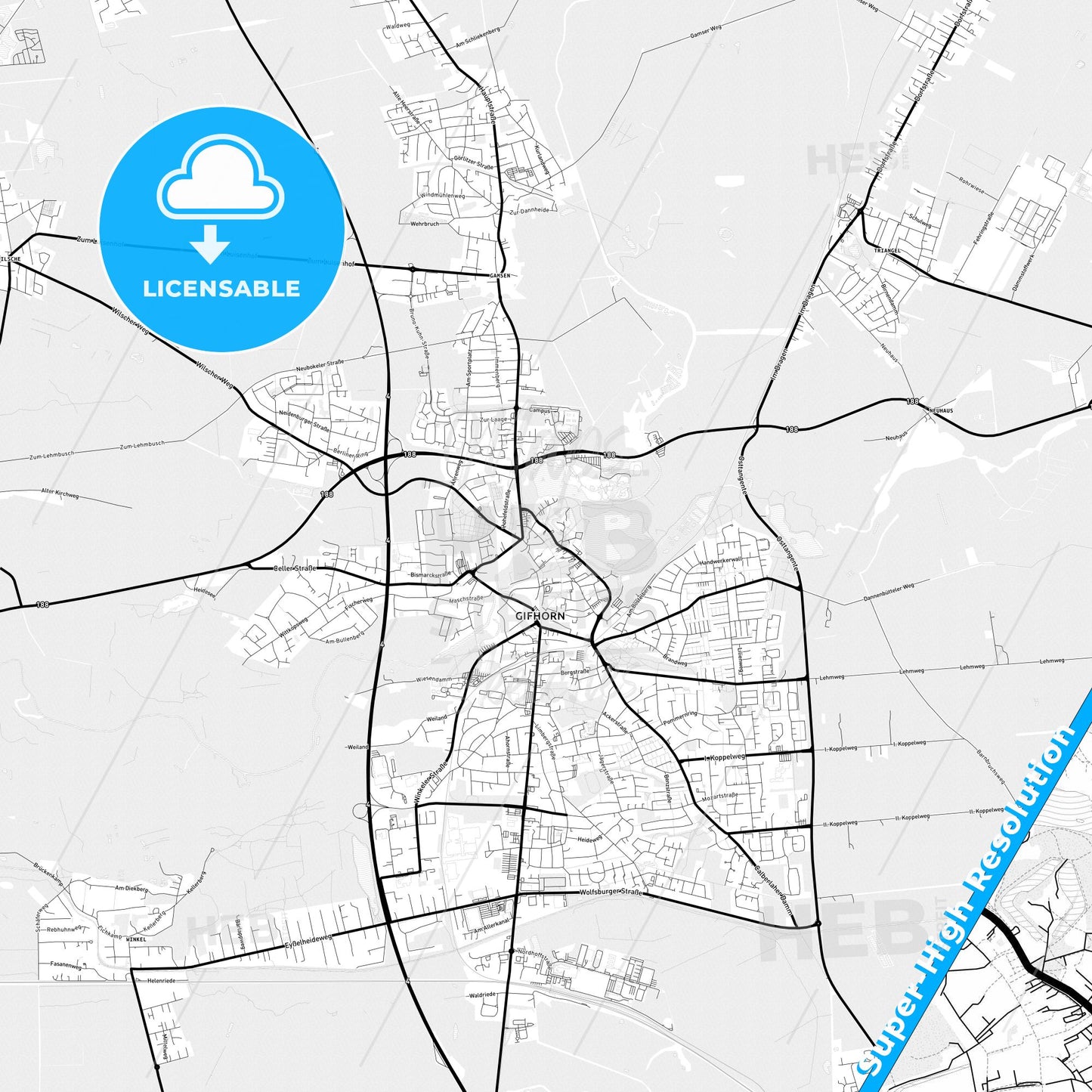 Gifhorn, Germany Light Map with Street Names, City Names, and Districts