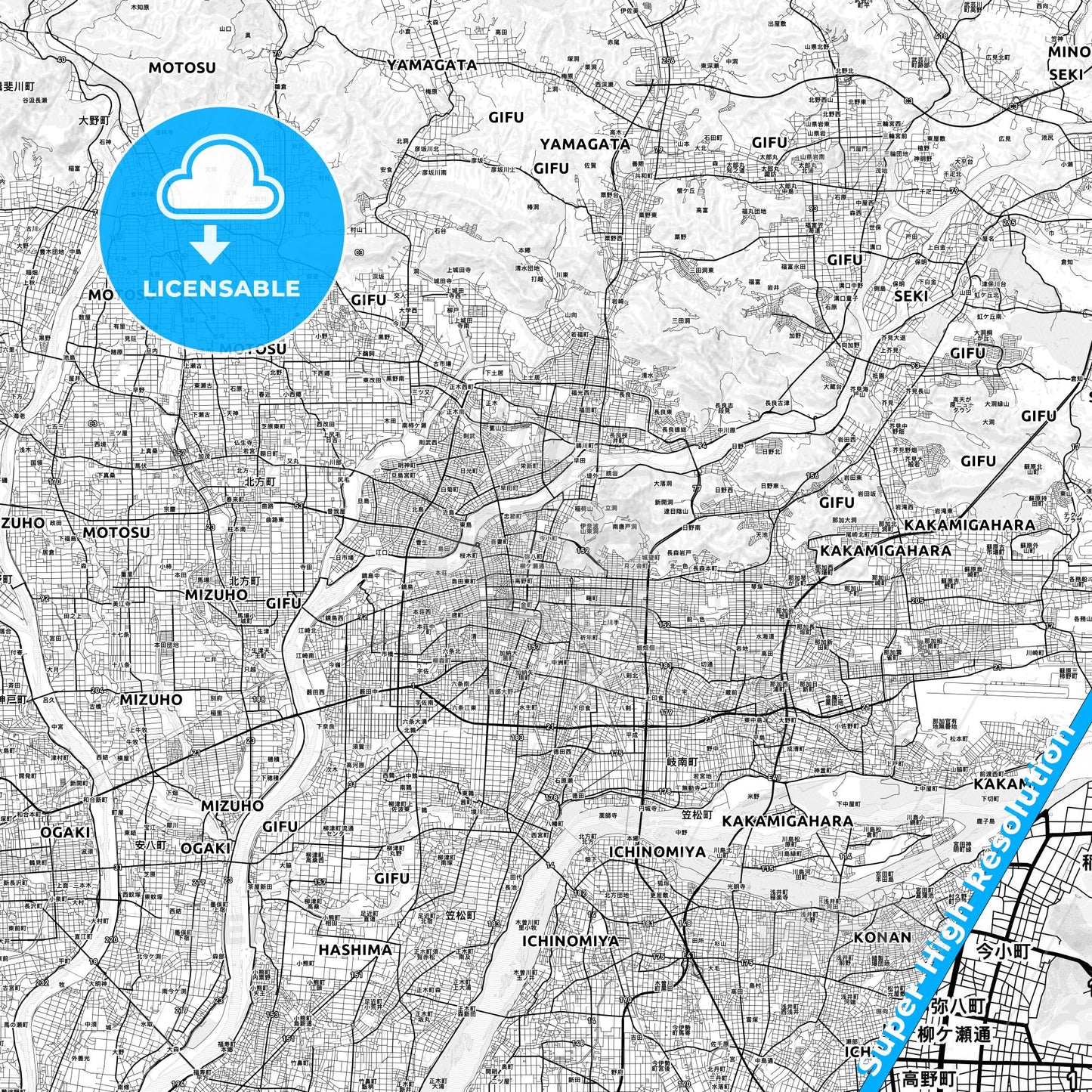 Gifu, Japan light map with streetnames, citynames and districts