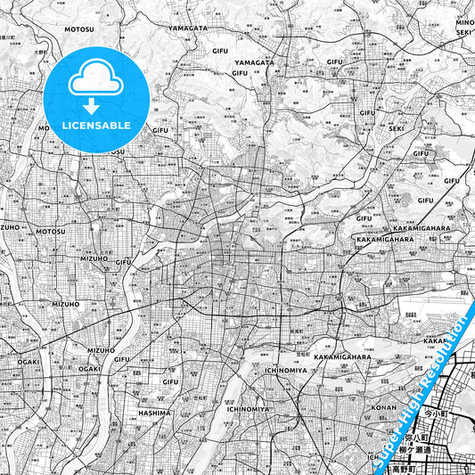 Gifu, Japan light map with streetnames, citynames and districts