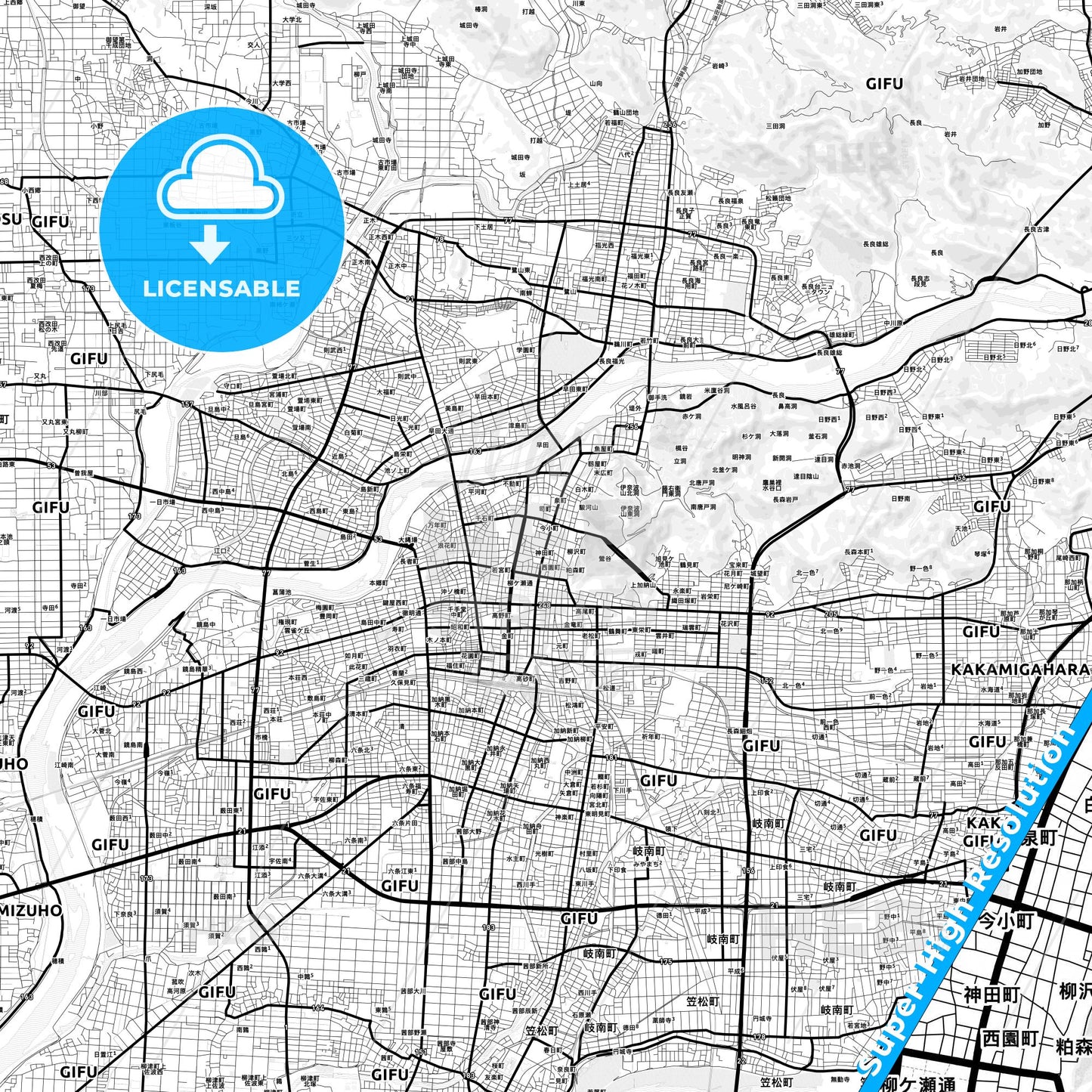 Gifu, Japan Light Map with Street Names, City Names, and Districts