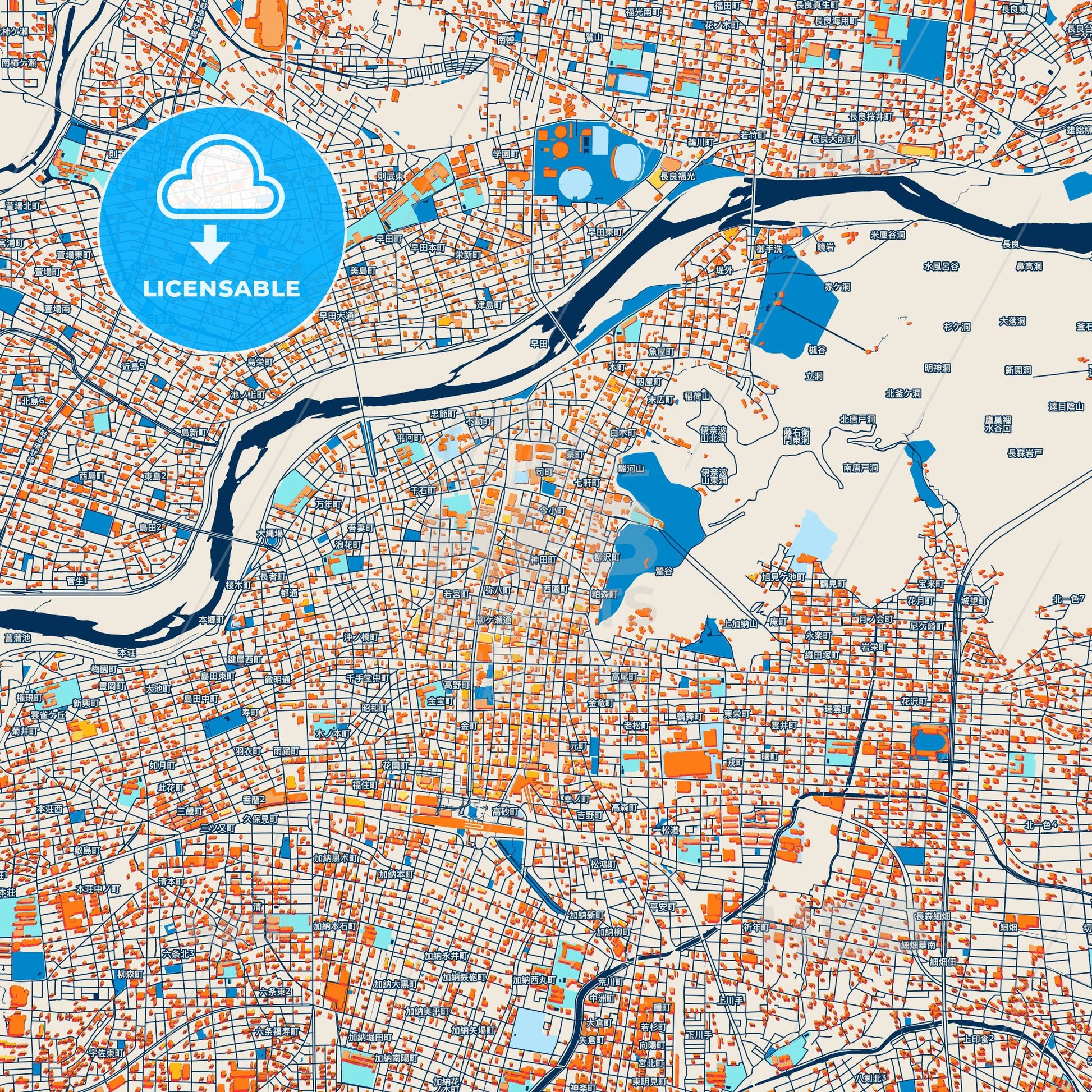 Colorful Gifu Street Map with Labels and Buildings