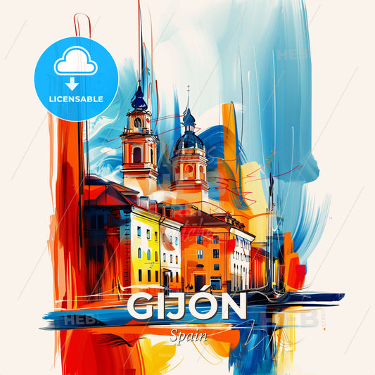 Vibrant Gijón, Spain - A Painting Of A Building - Square format print template
