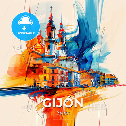 Vibrant Gijón, Spain - A Colorful Painting Of A Building - Square format print template