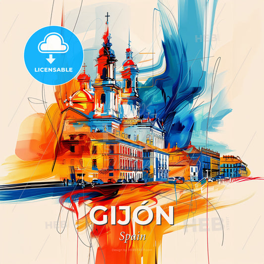 Vibrant Gijón, Spain - A Colorful Painting Of A Building - Square format print template