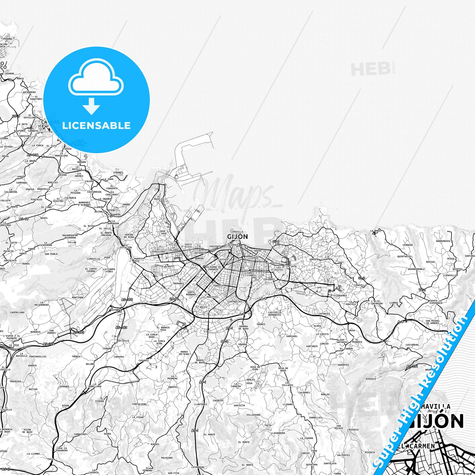 Gijón, Spain light map with streetnames, citynames and districts