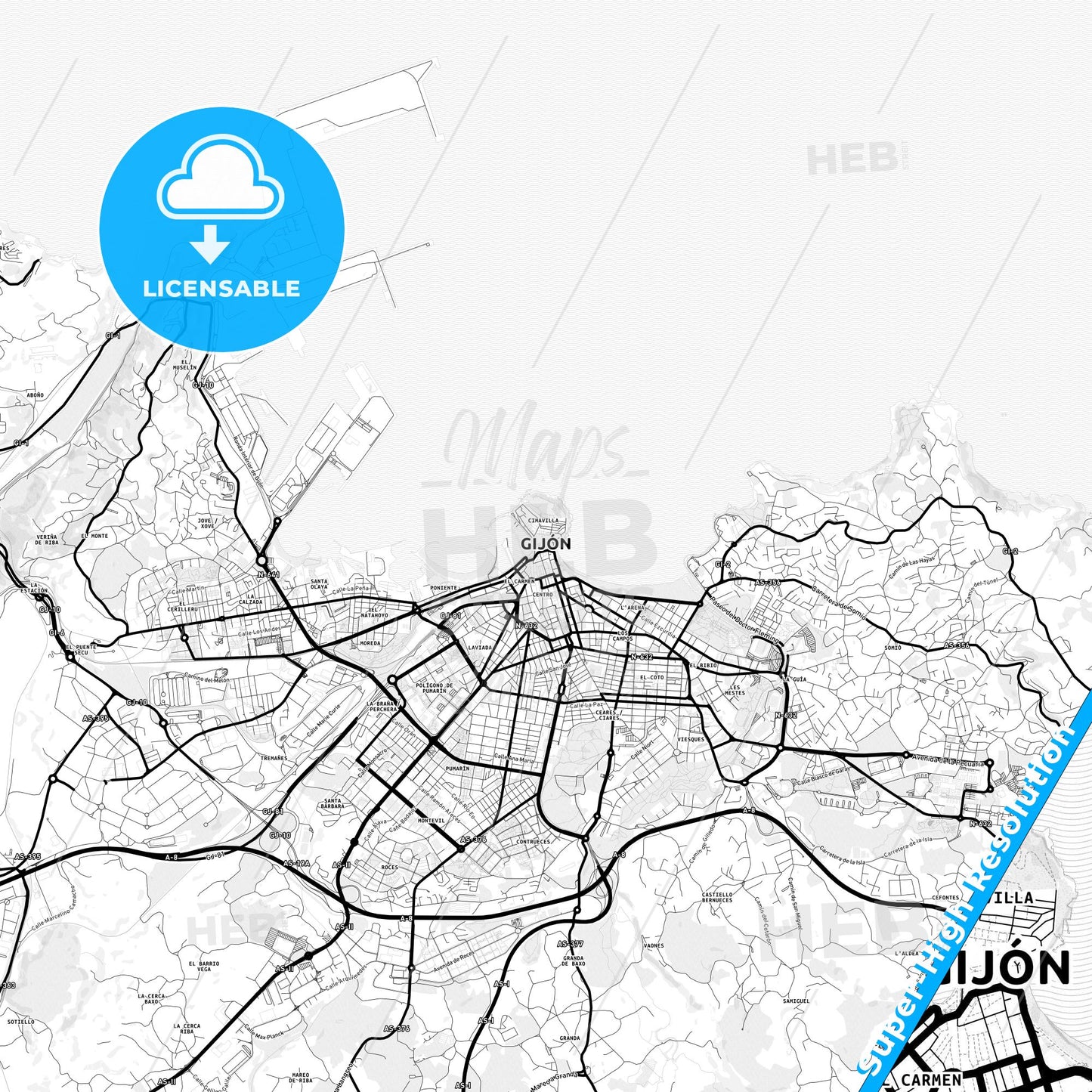 Gijón, Spain Light Map with Street Names, City Names, and Districts
