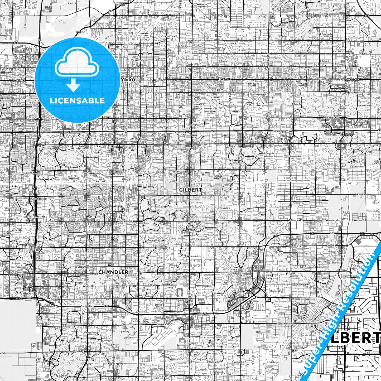 Gilbert, Arizona light map with streetnames, citynames and districts